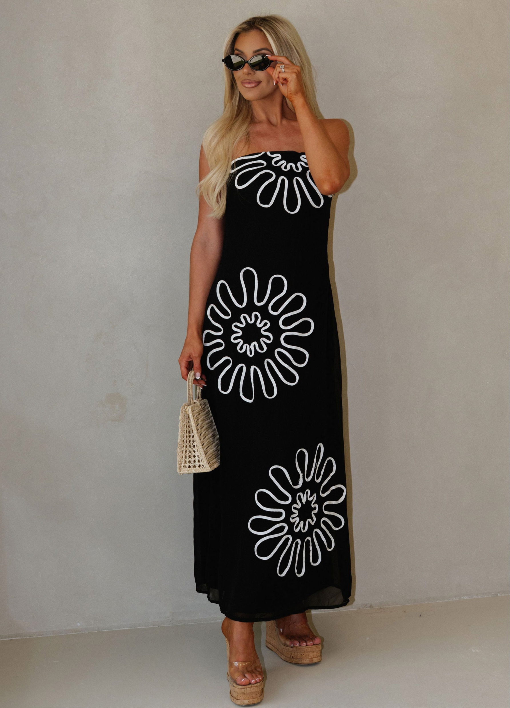 Strapless Floral Maxi Chiffon Dress-Black/White
