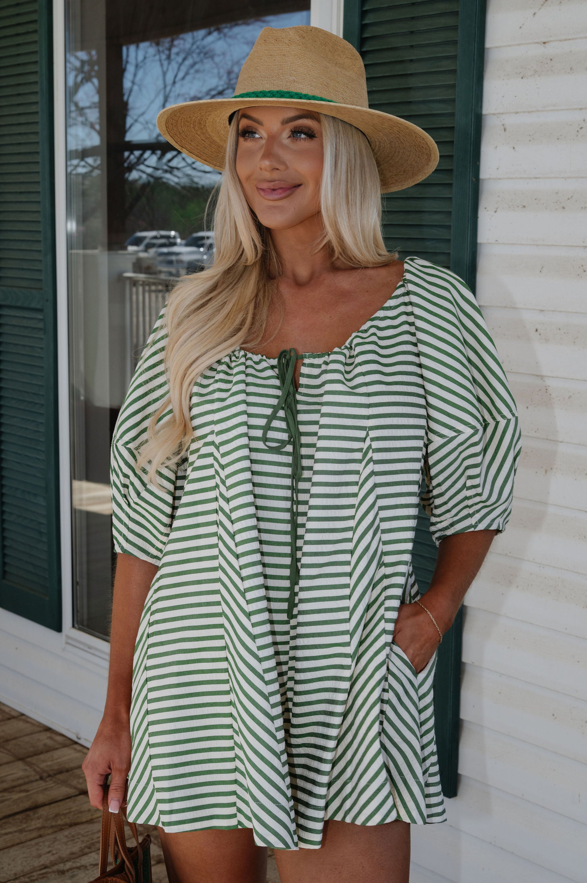Monica Romper-Green Stripe