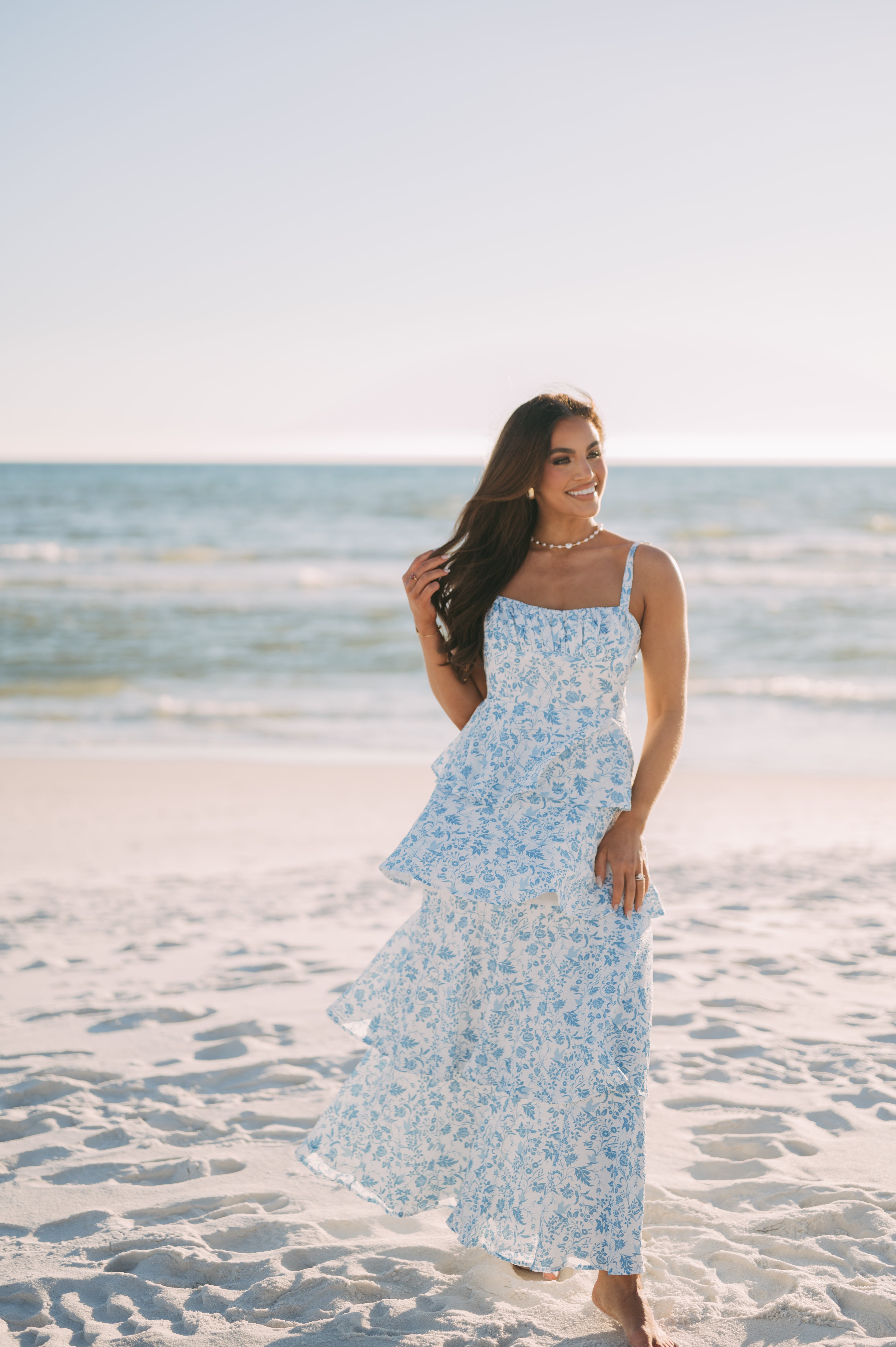 Adler Tiered Ruffle Dress- White/Blue