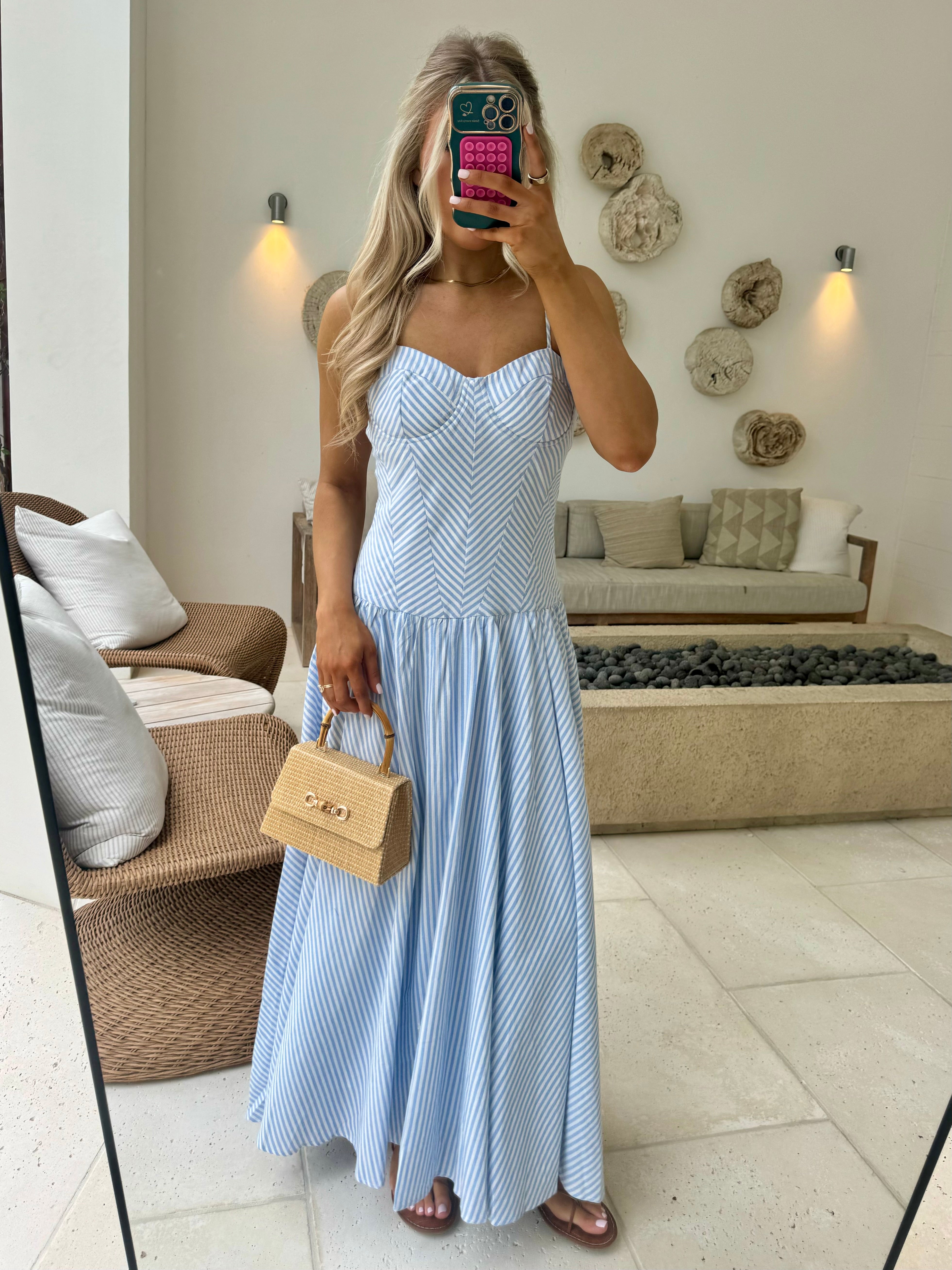 Sweetheart Striped Maxi Dress-Light Blue