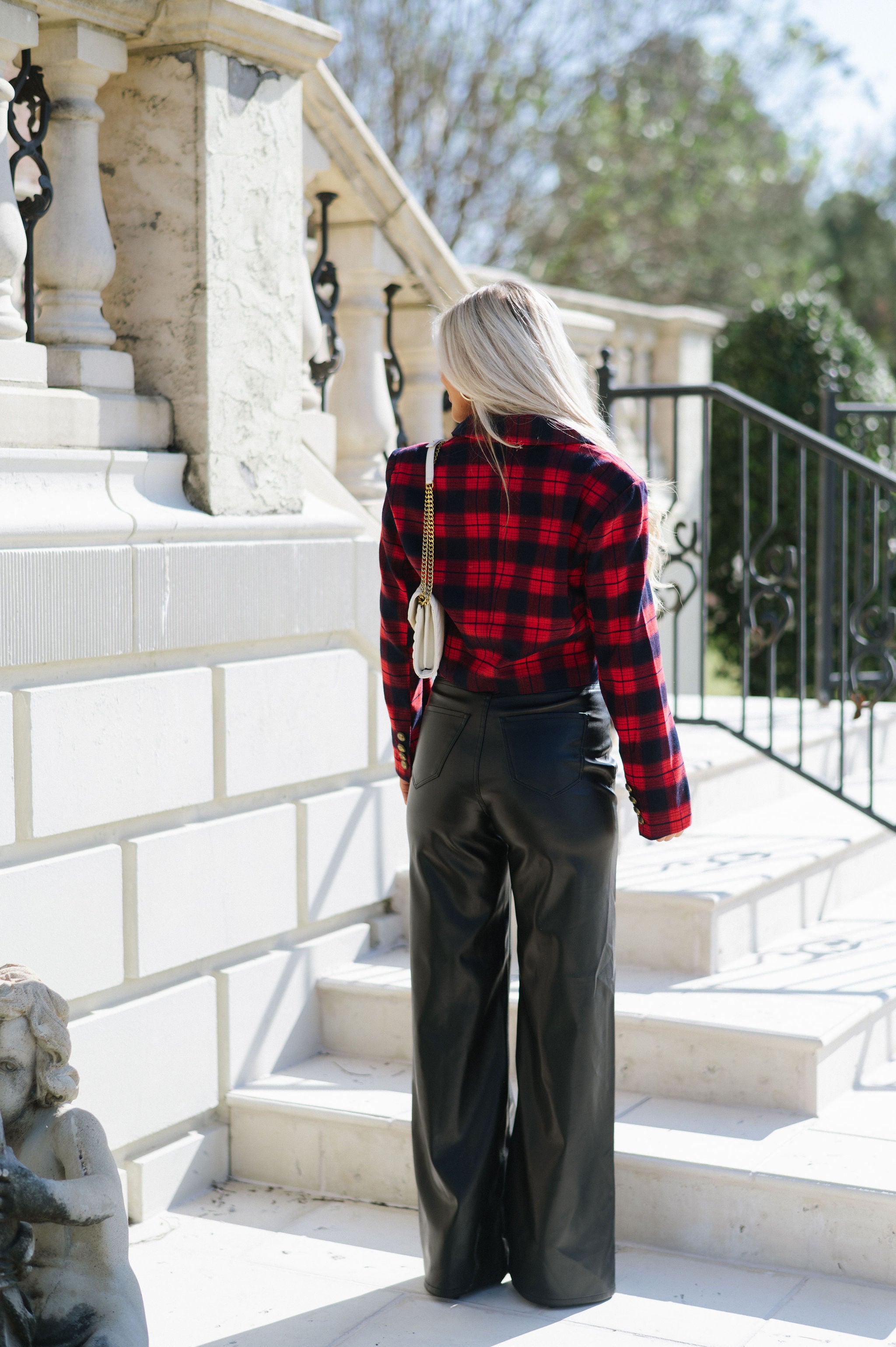 Cropped Plaid Blazer-Red Mix