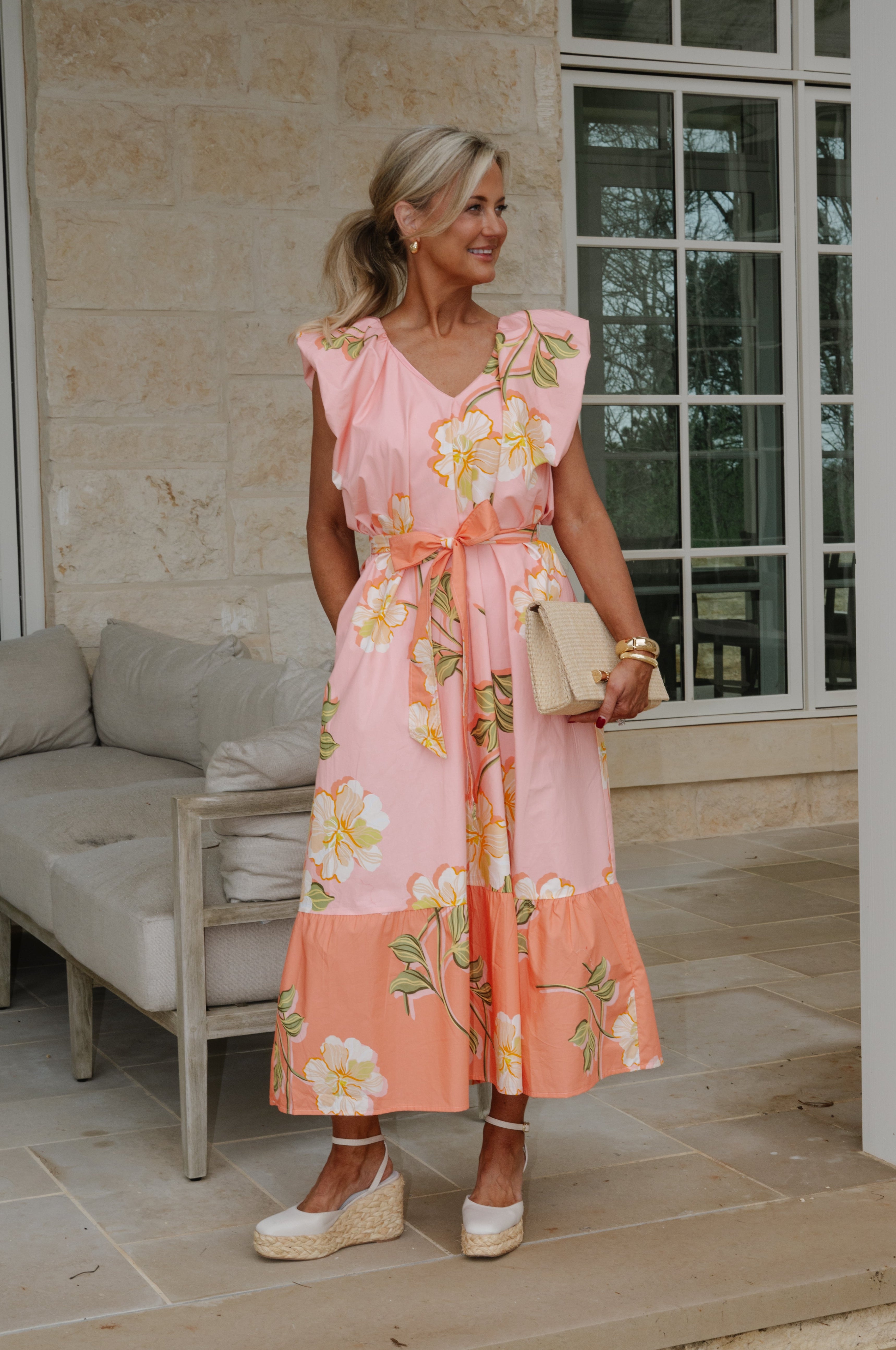 Hibiscus Ruffle Tiered Midi Dress-Pink/Coral Multi