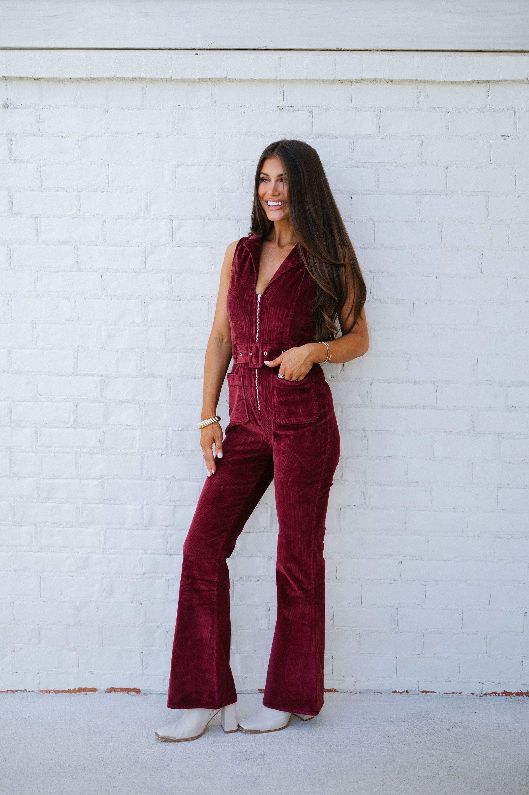 Sleeveless Corduroy Jumpsuit-Wine