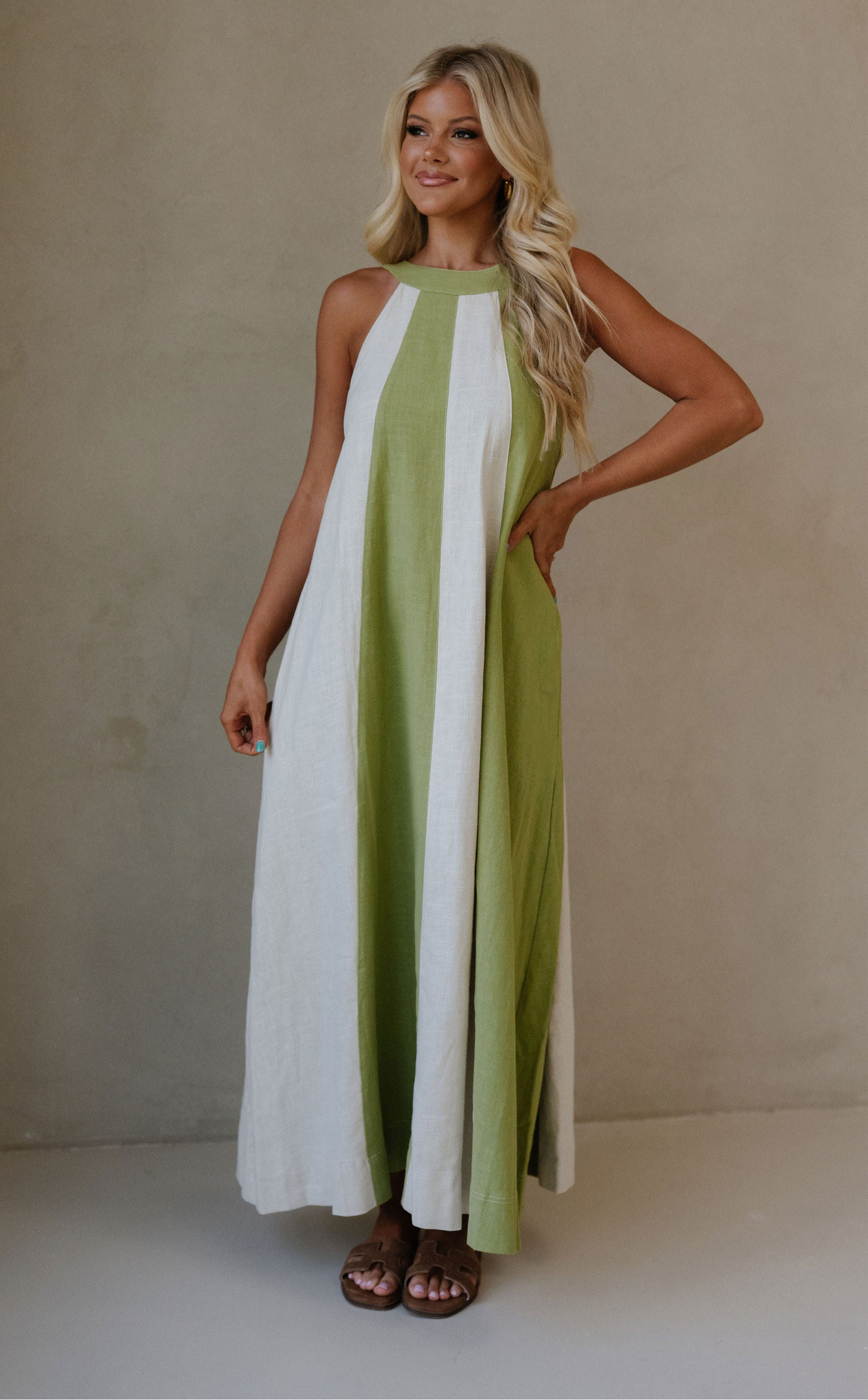 Linen Blend Halter Dress-Sage/Ecru