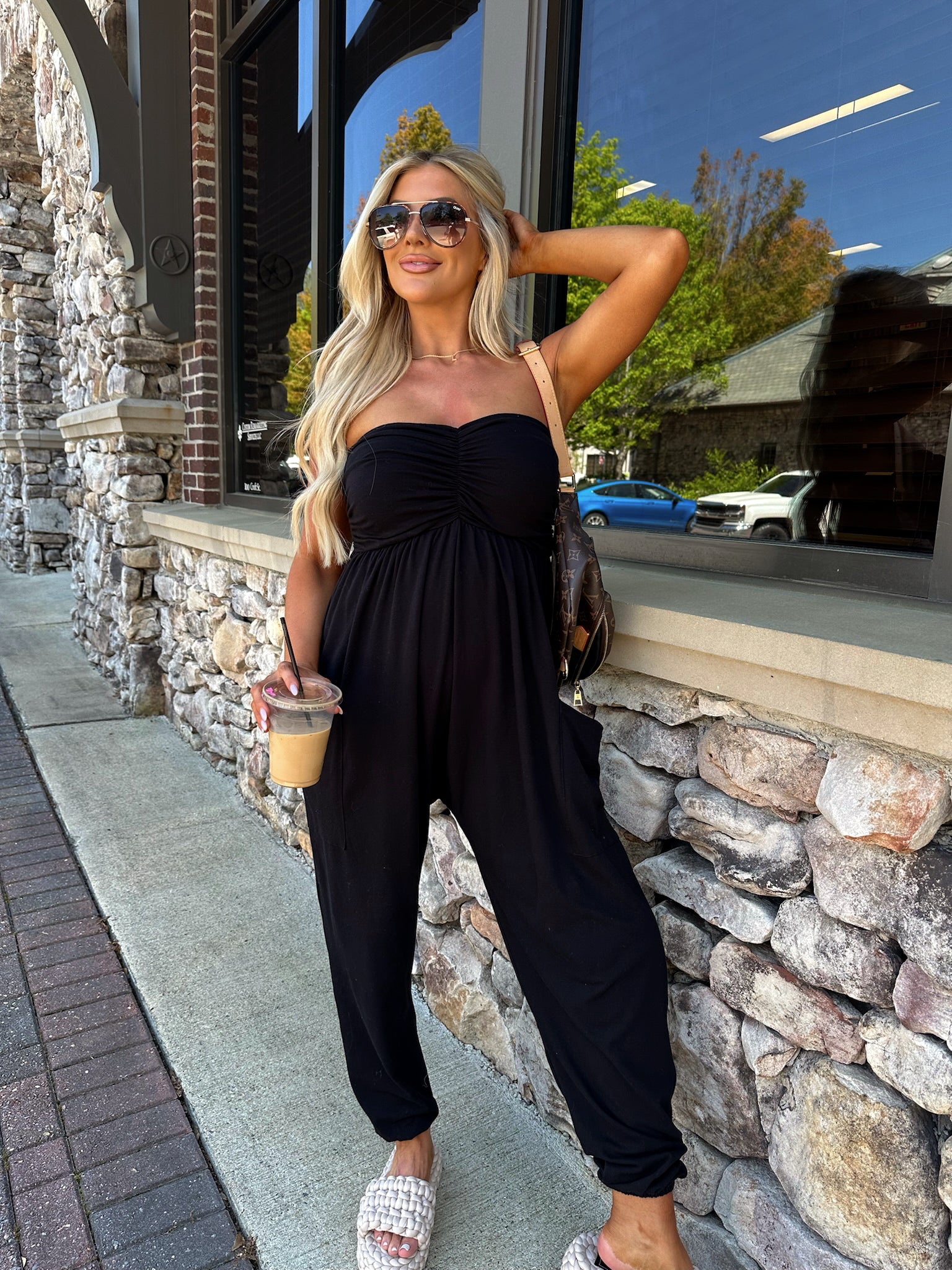 Strapless Ruched Baggy Jumpsuit-Black