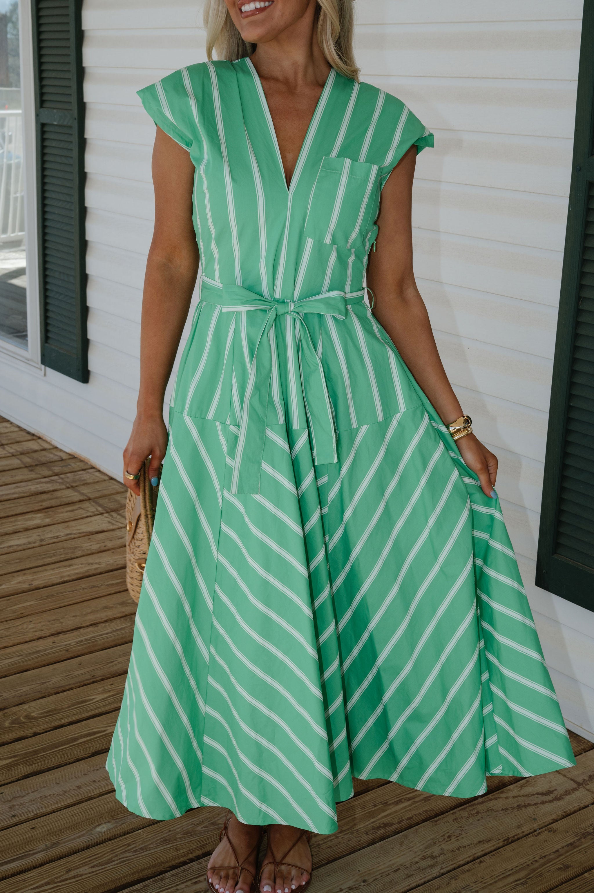 Lola Striped Midi Dress-Kelly Green