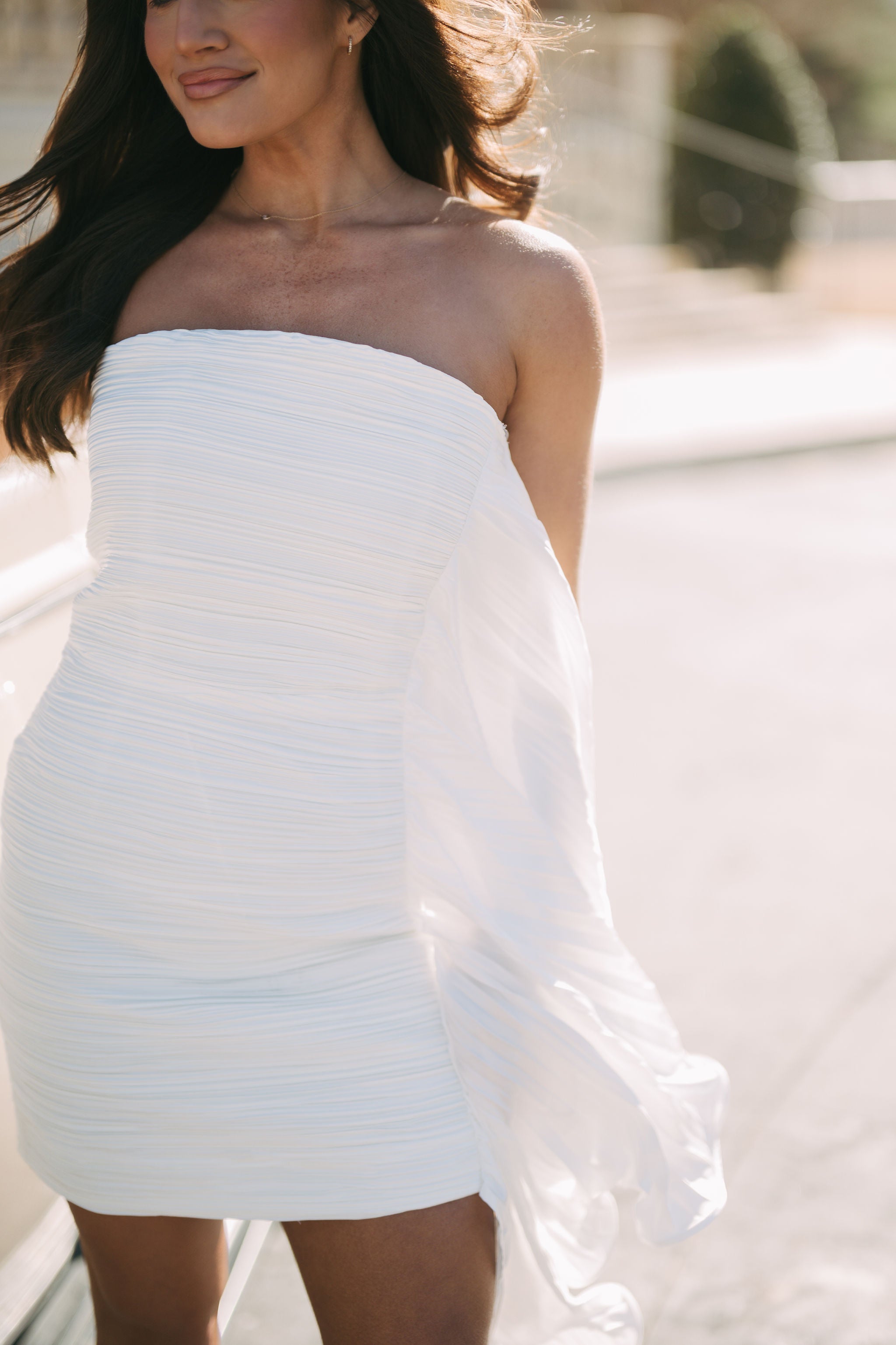 Side Draped Pleated Dress- White
