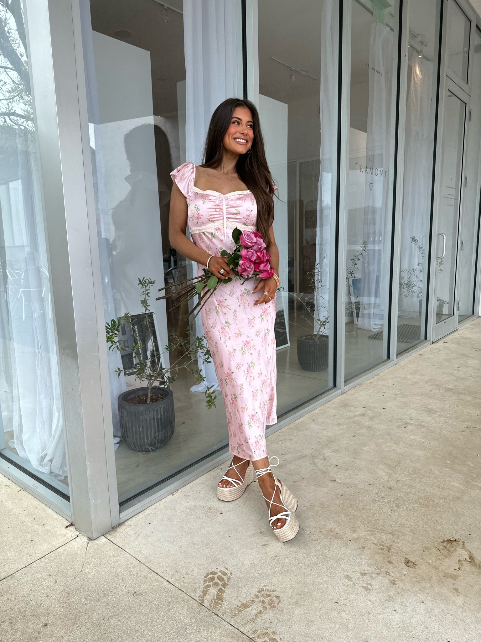 Eve Satin Floral Dress-Light Pink