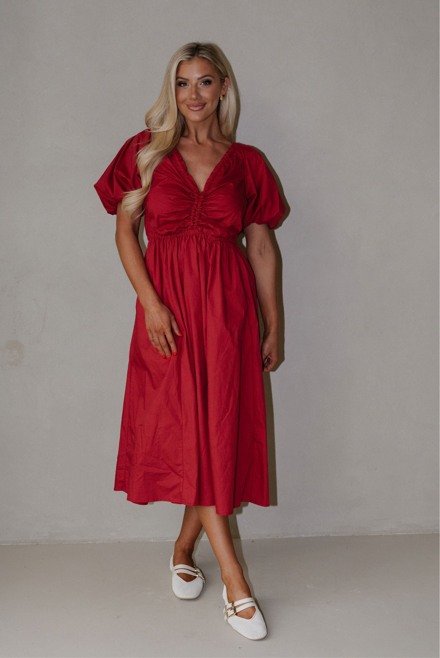 V-Neck Puff Sleeve Dress-Red