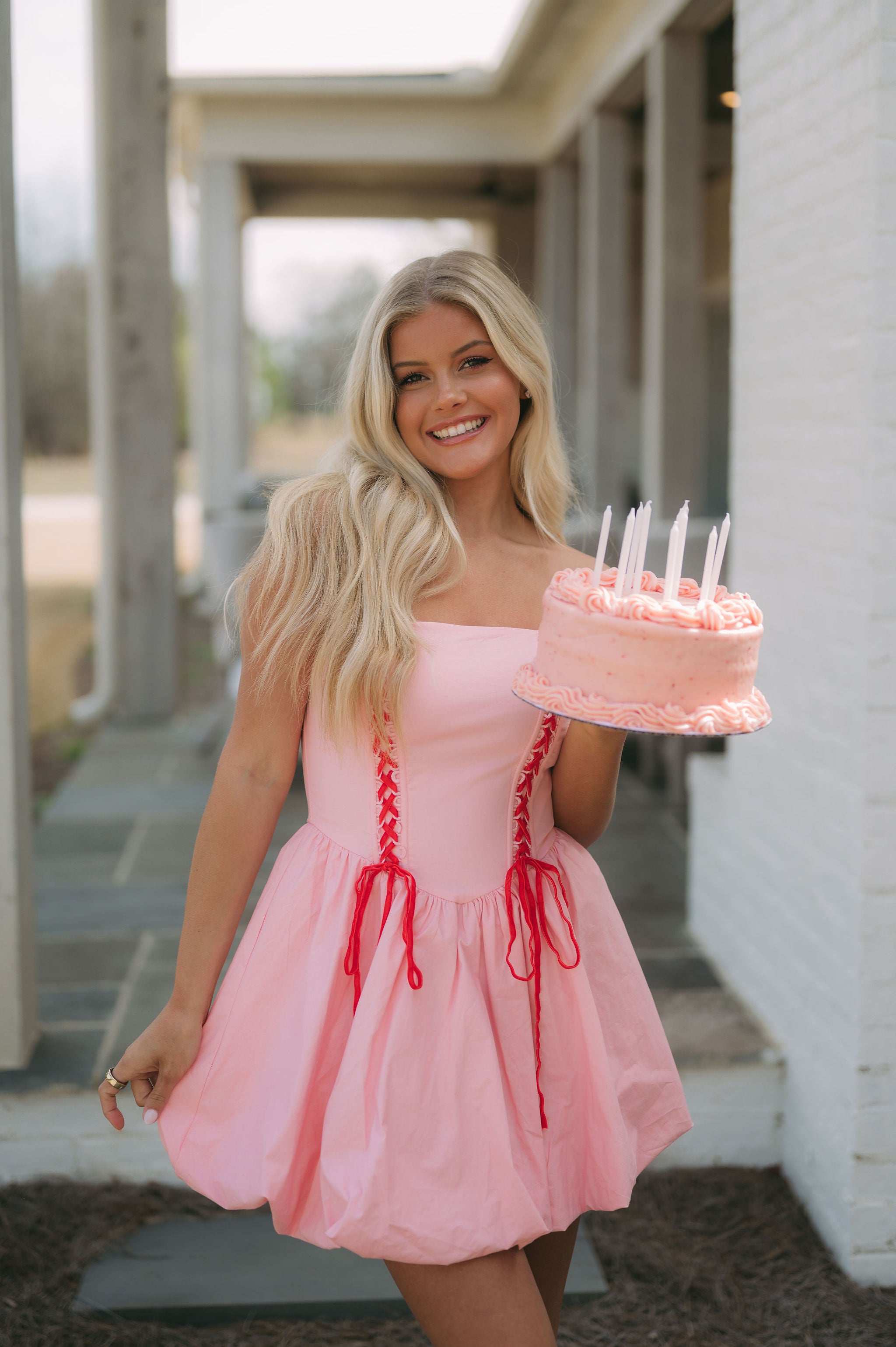 Lace Up Strapless Bubble Dress- Pink