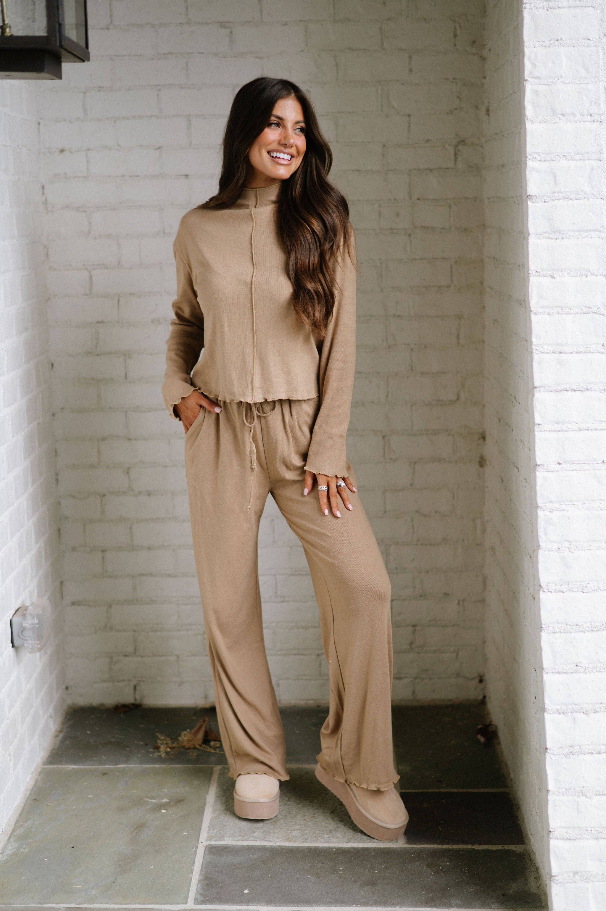 Exposed Seam Pants Set-Camel