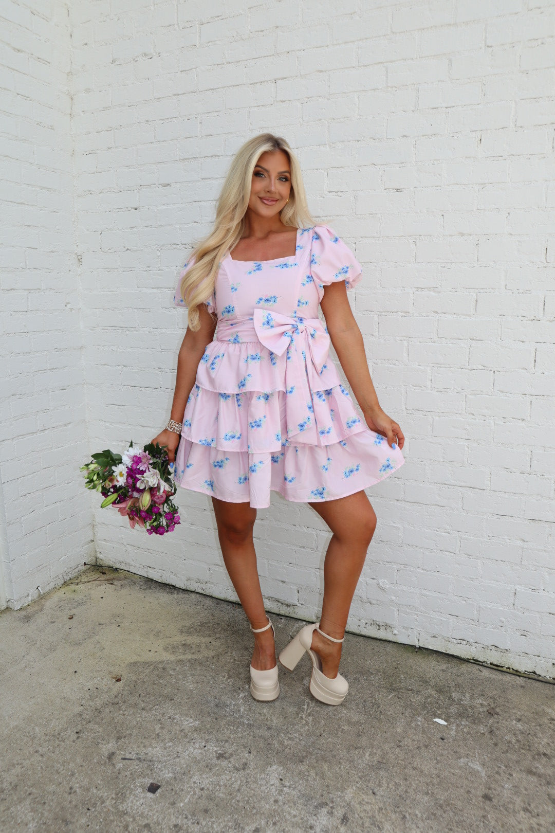 Phoebe Puff Sleeve Bow Mini Dress-Pink