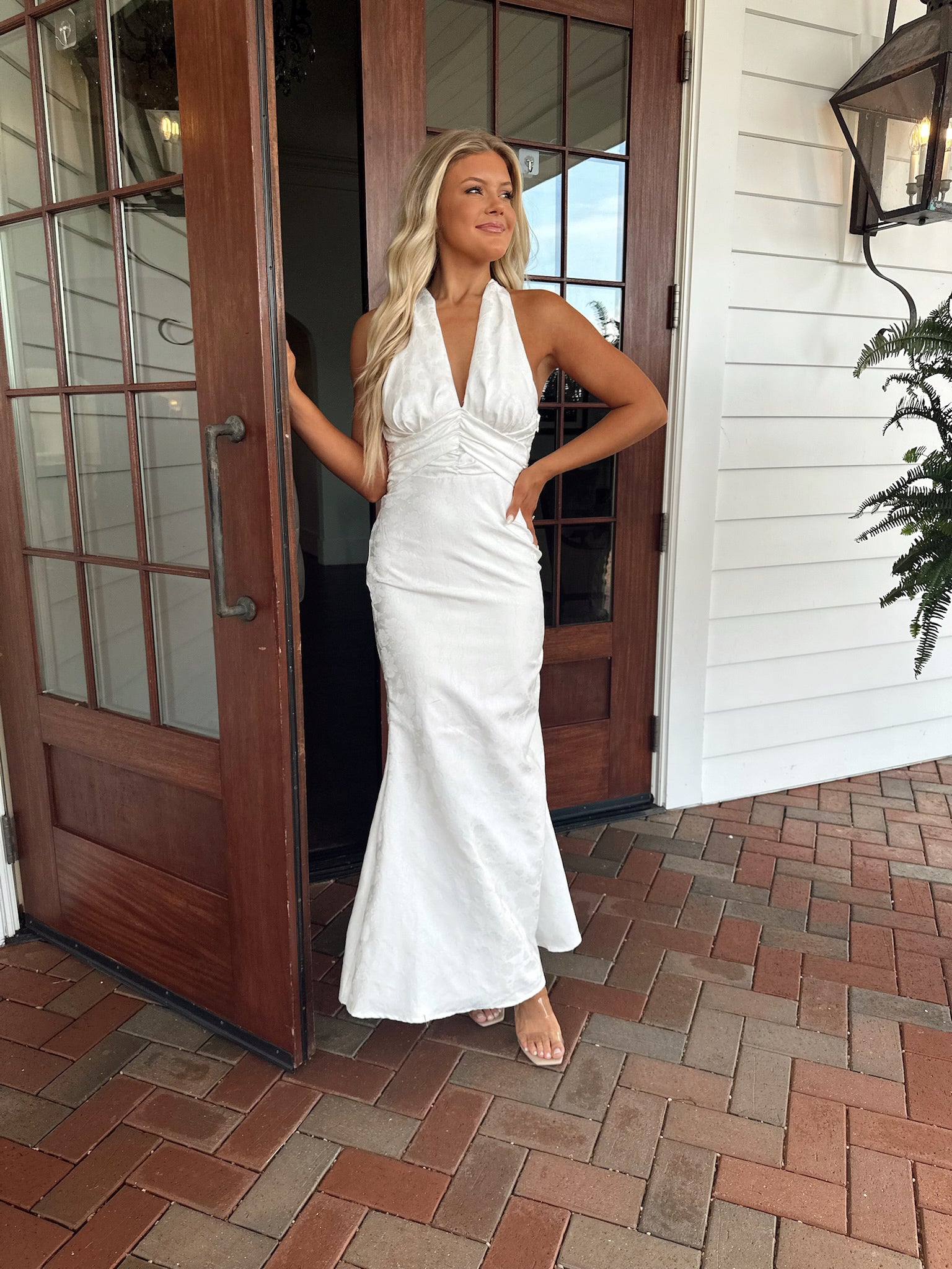 Plunge Neck Embroidered Maxi Dress-White