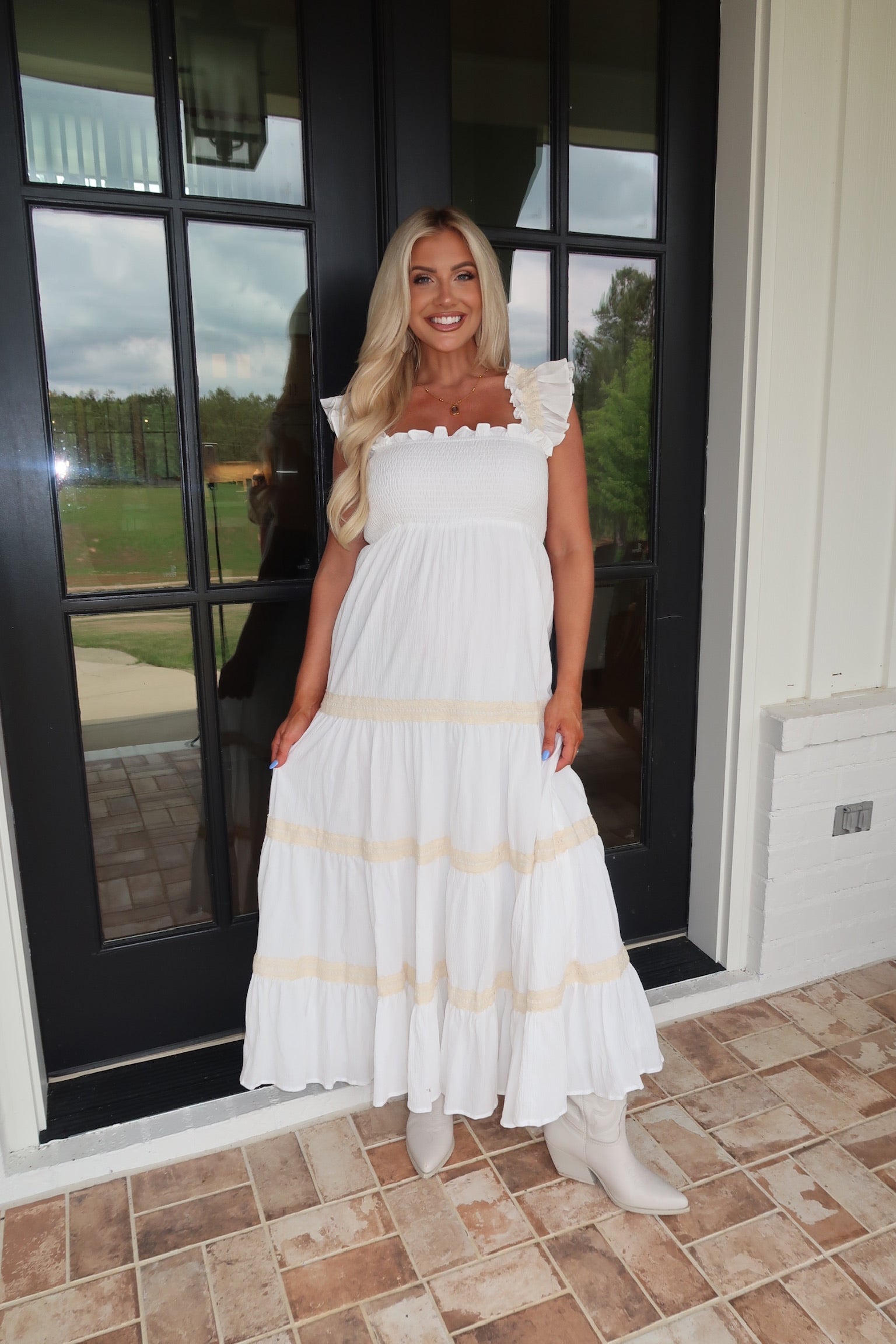 Smocked Ruffle Midi Dress-Off White