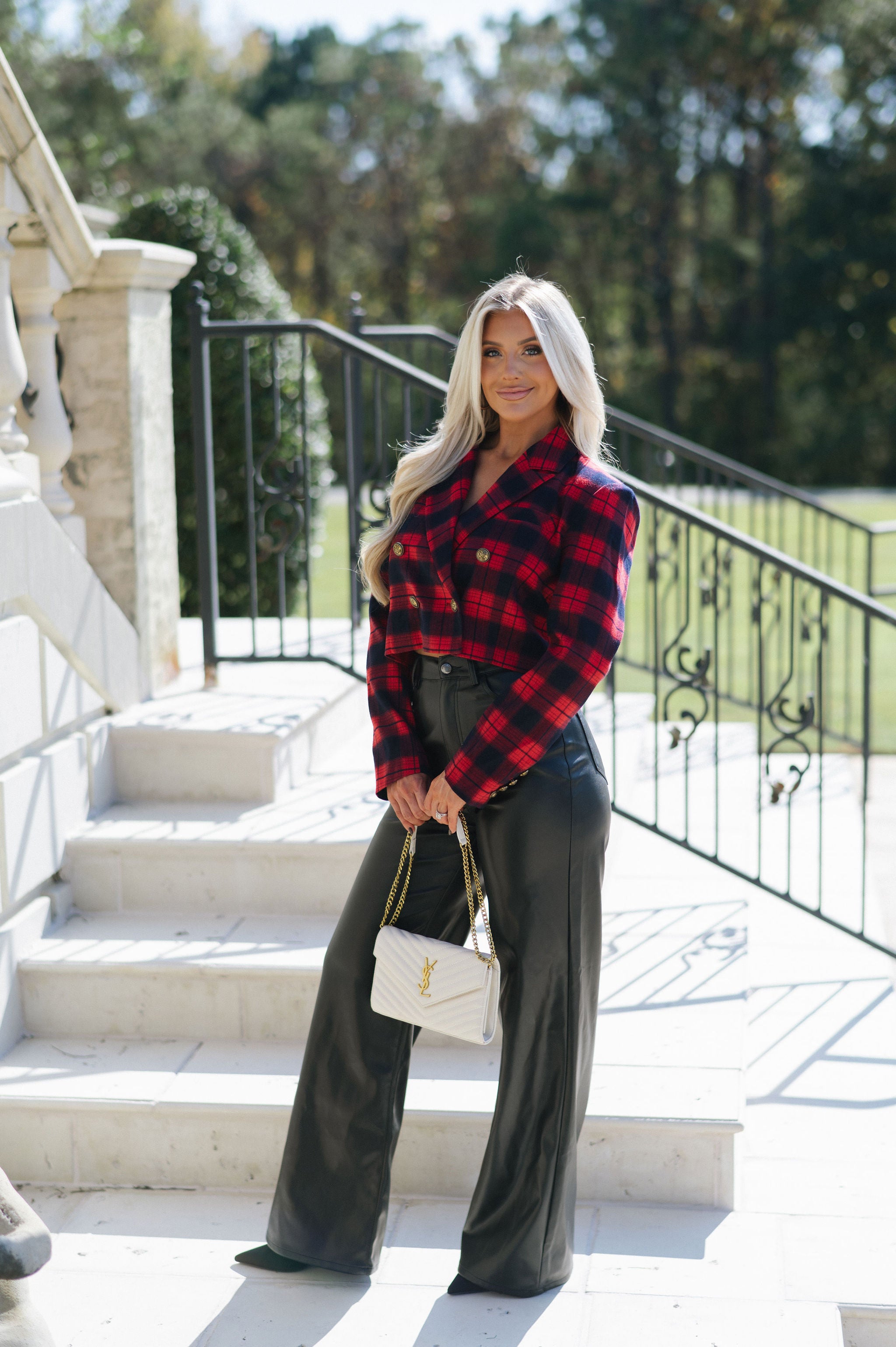 Cropped Plaid Blazer-Red Mix