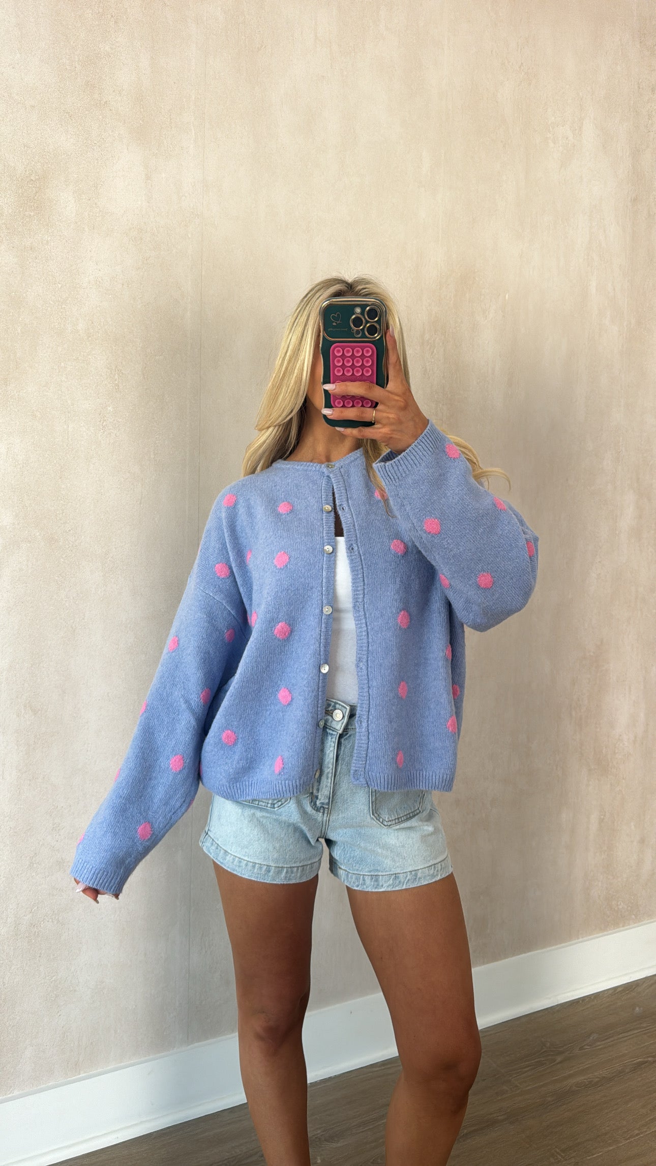 Corey Polka Dot Cardigan-Light Blue/Pink