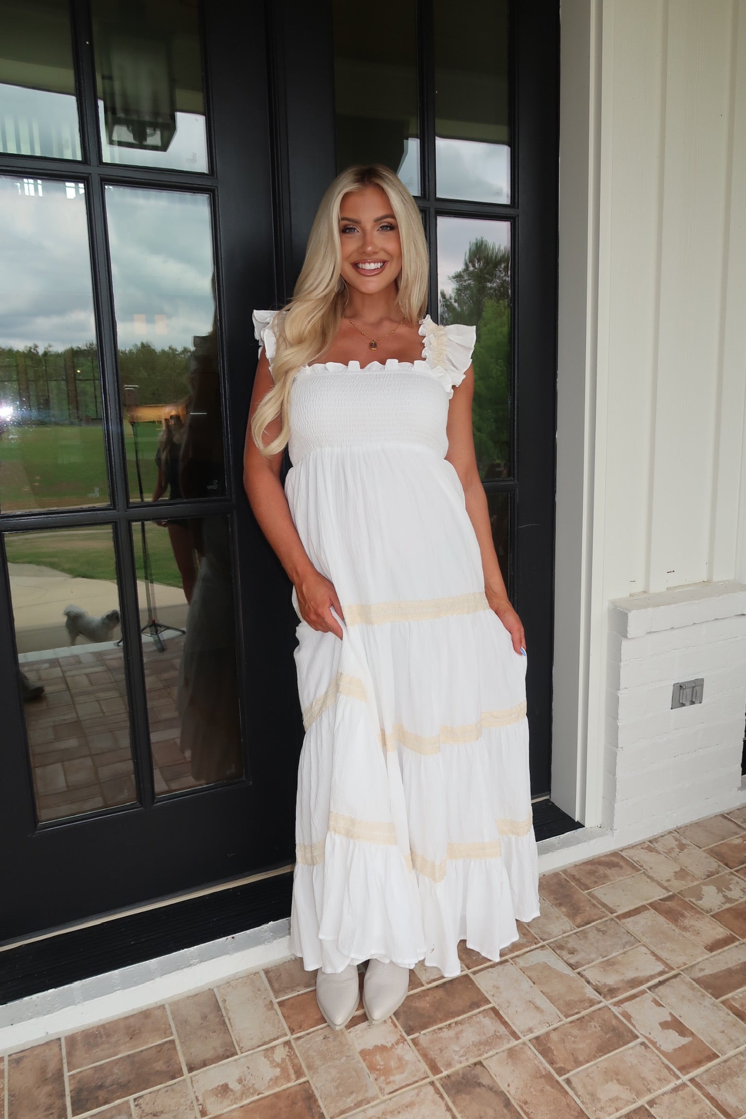 Smocked Ruffle Midi Dress-Off White