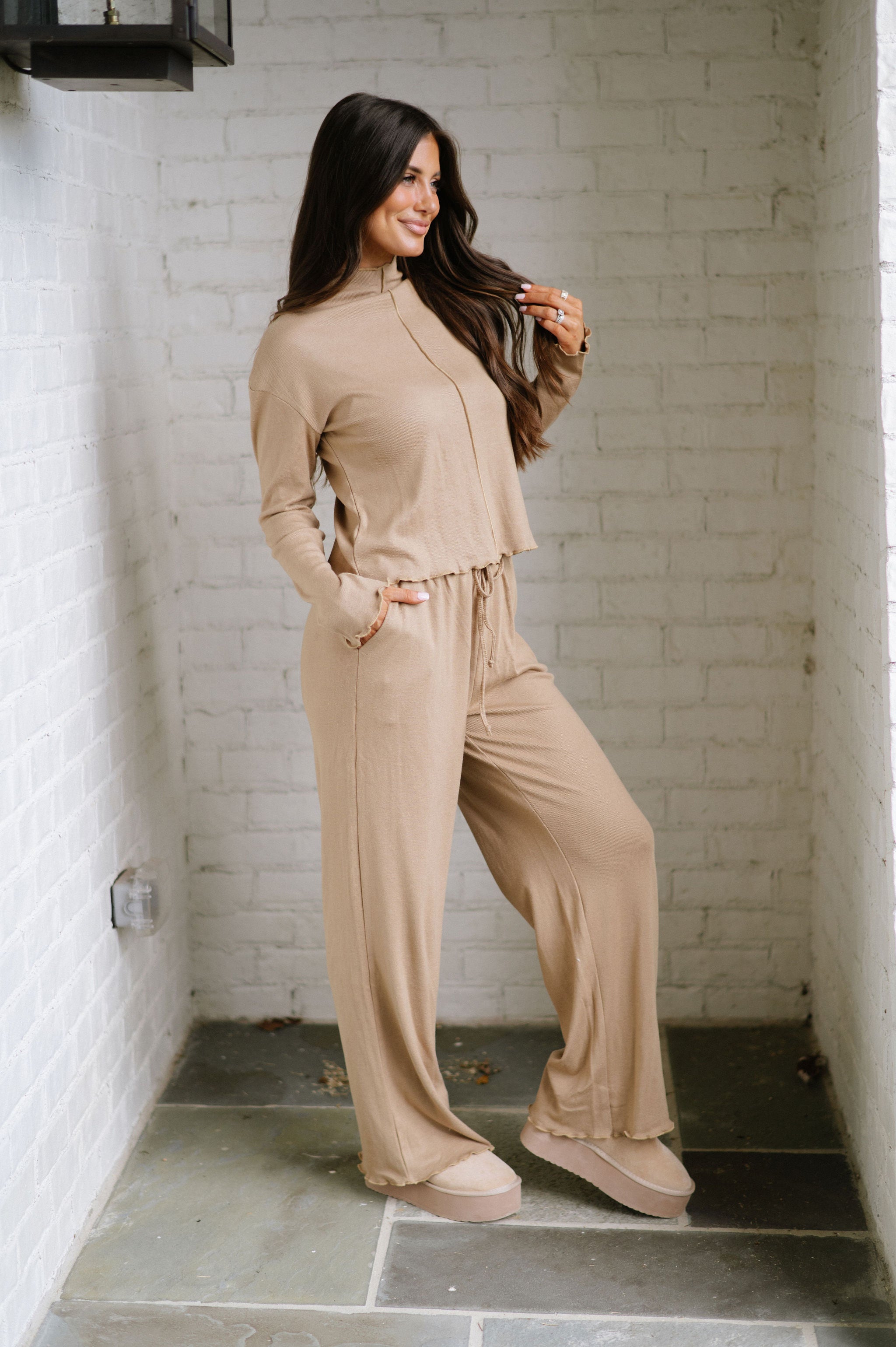 Exposed Seam Pants Set-Camel