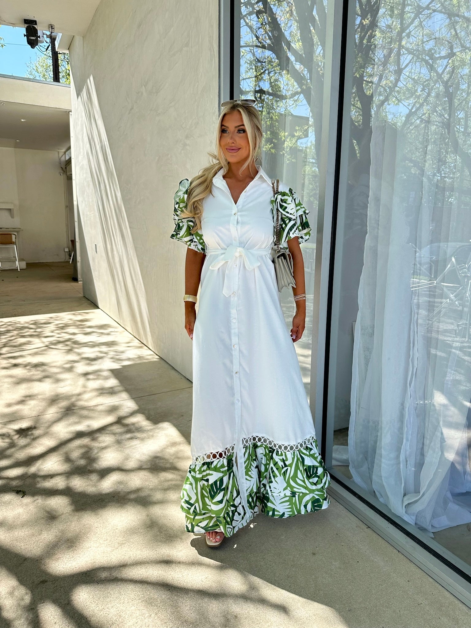 Quinn Button Down Maxi Dress-White/Green