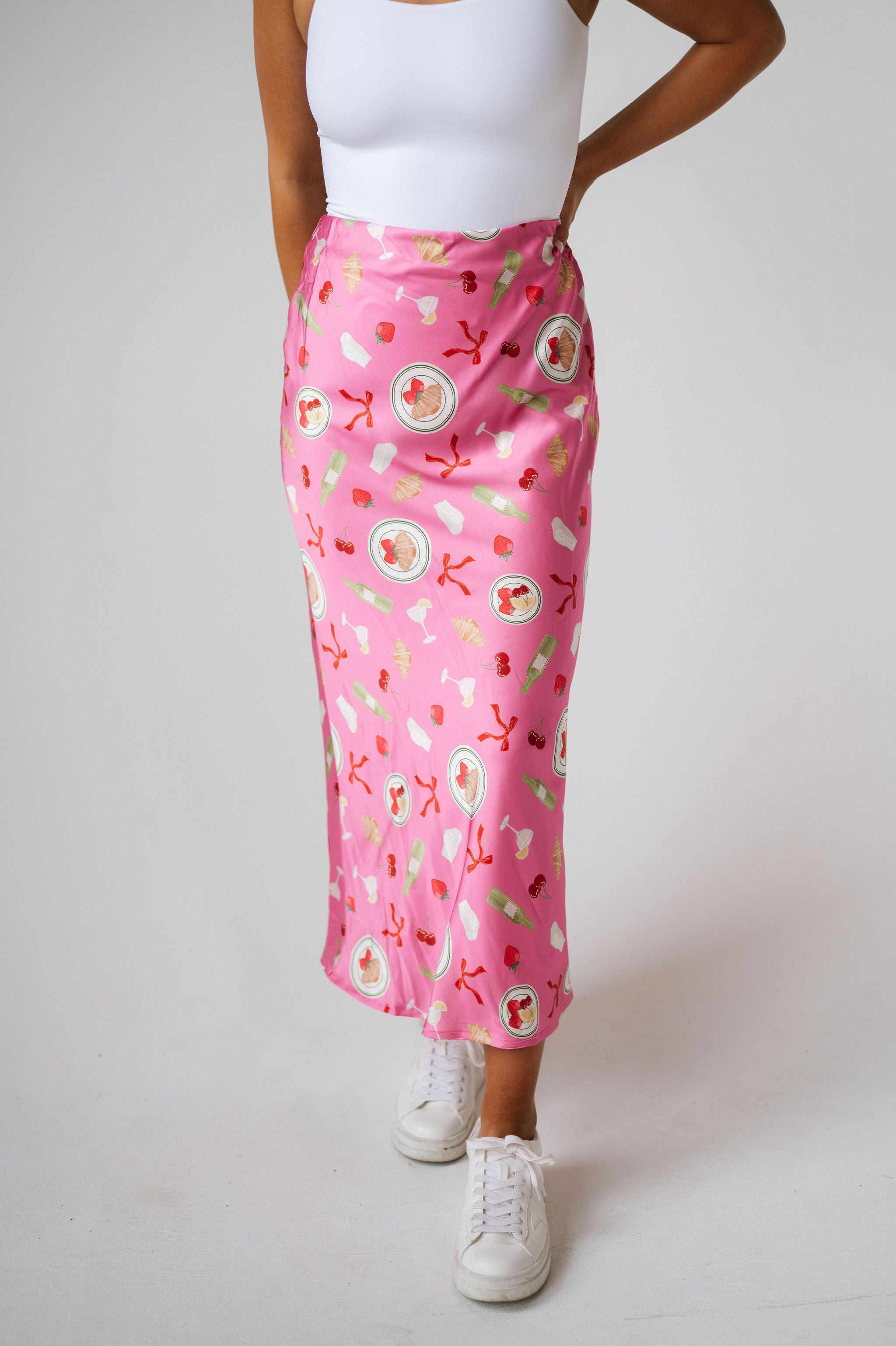 Mid Rise Satin Midi Skirt- Pink