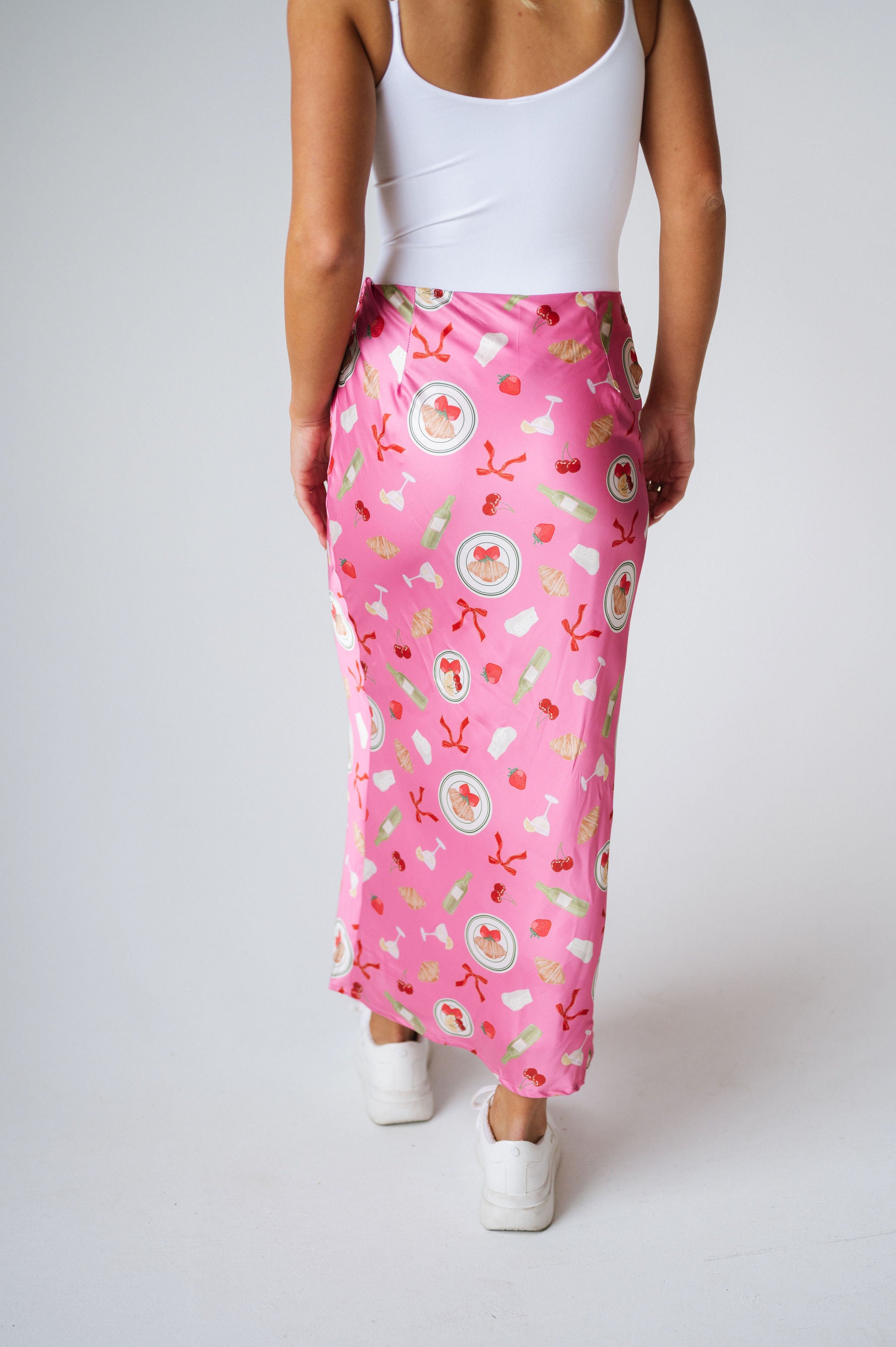 Mid Rise Satin Midi Skirt- Pink