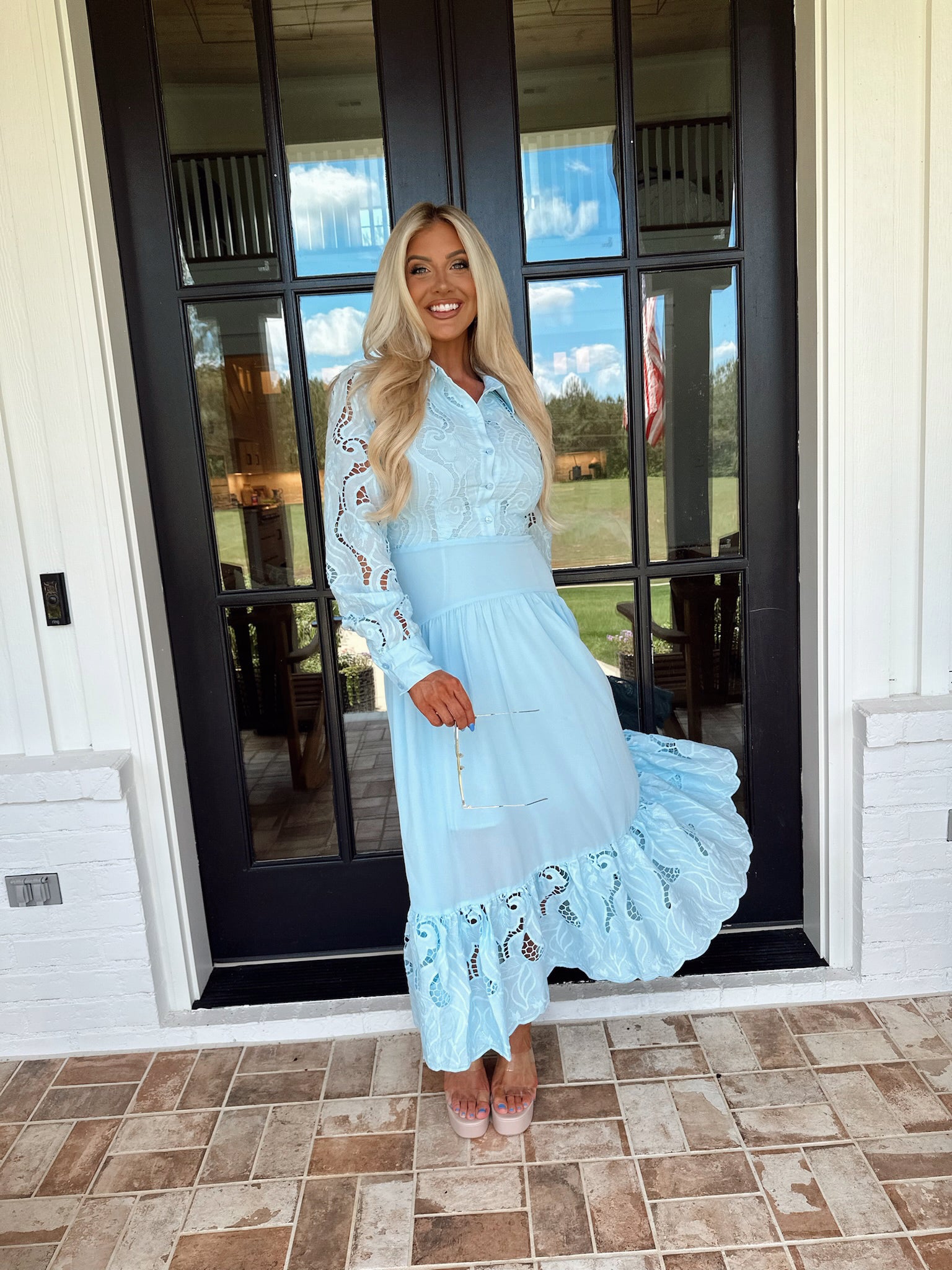 Woven Lace Tiered Ruffle Dress-Light Blue