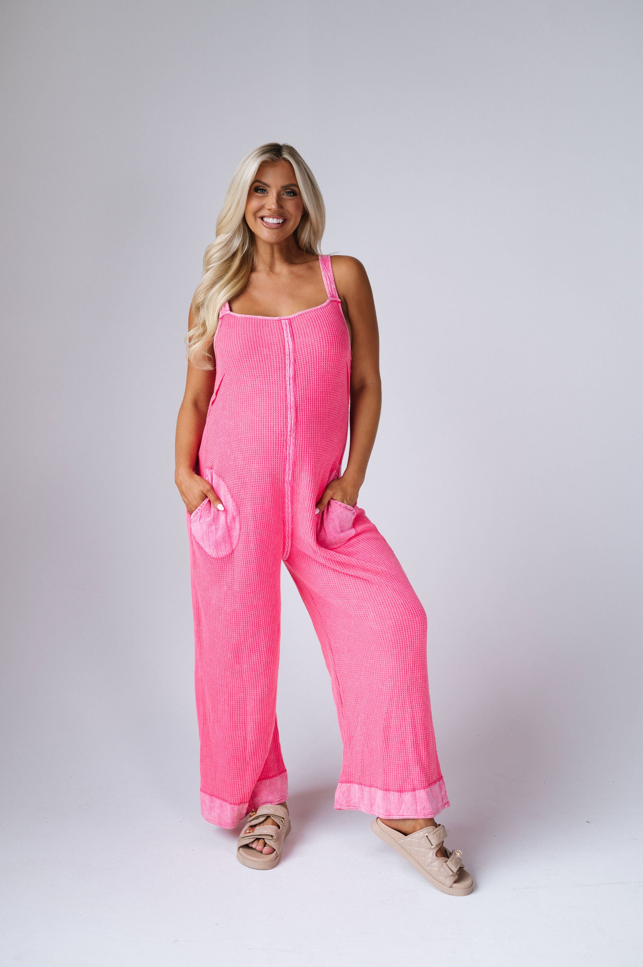 Mineral Washed Jumpsuit-Fuchsia