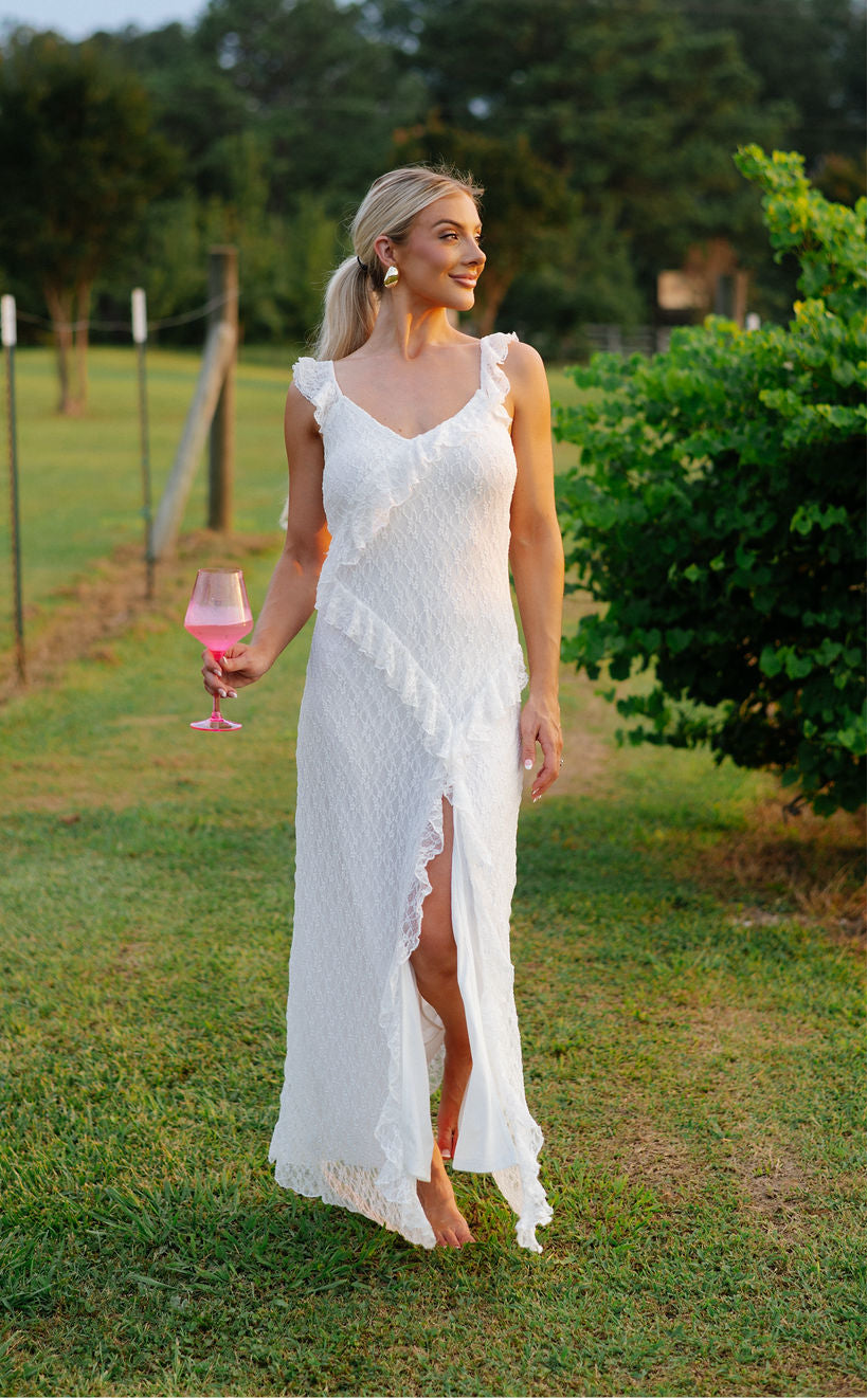 Ruffle Lace Front Slit Dress-White