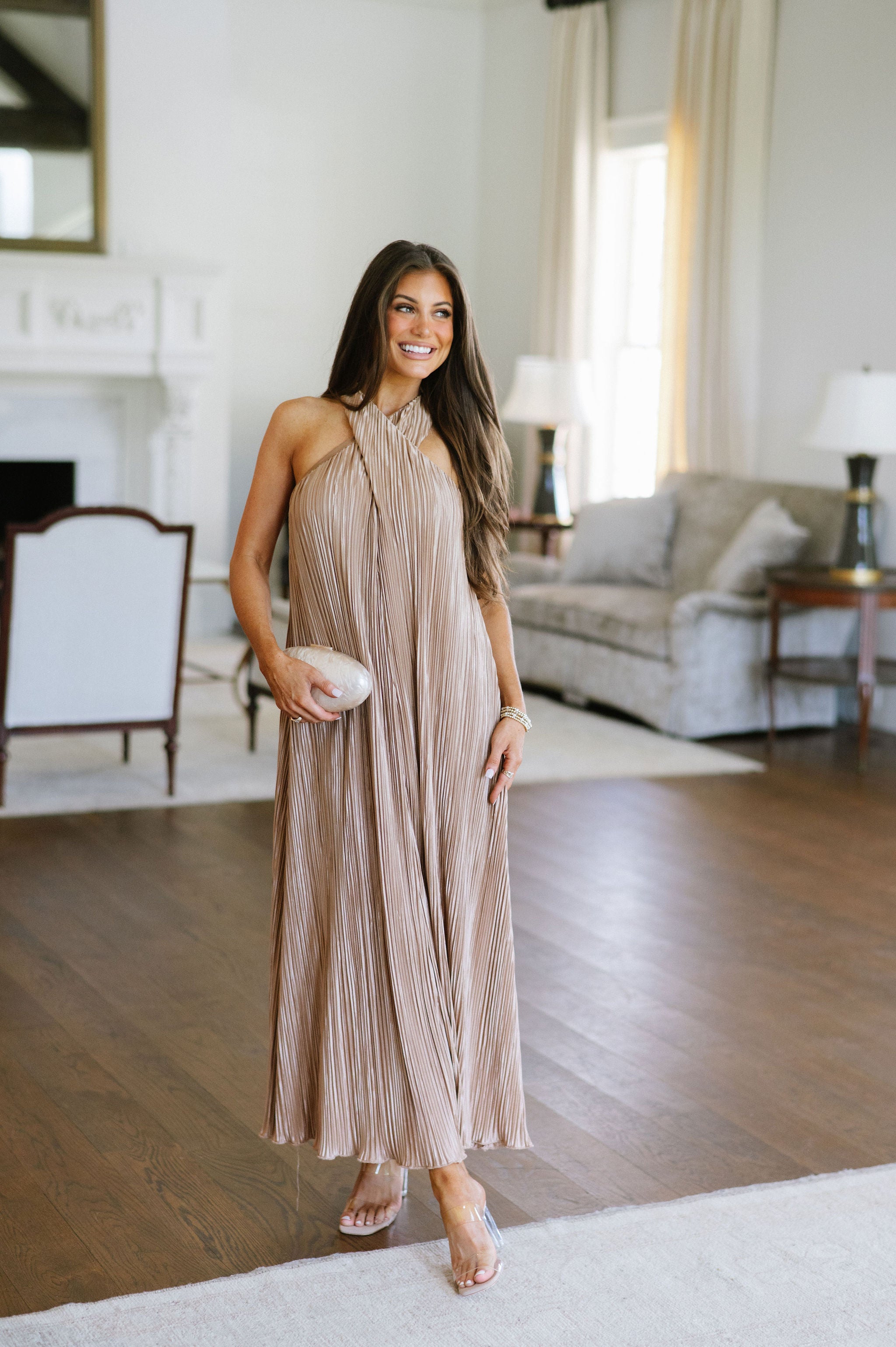 Plisse Cross Front Maxi Dress- Champagne