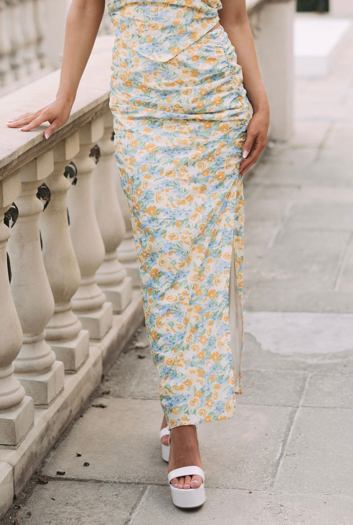 Floral Side Slit Skirt- Blue/Yellow