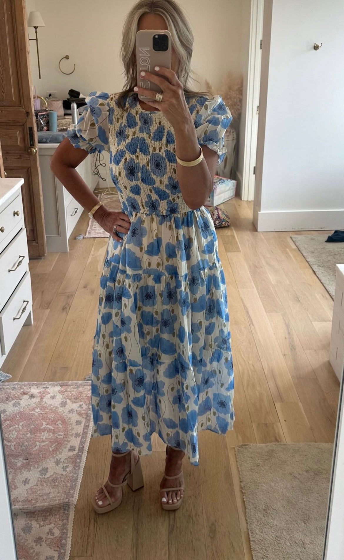 Monroe Floral Smocked Midi Dress- Blue Multi
