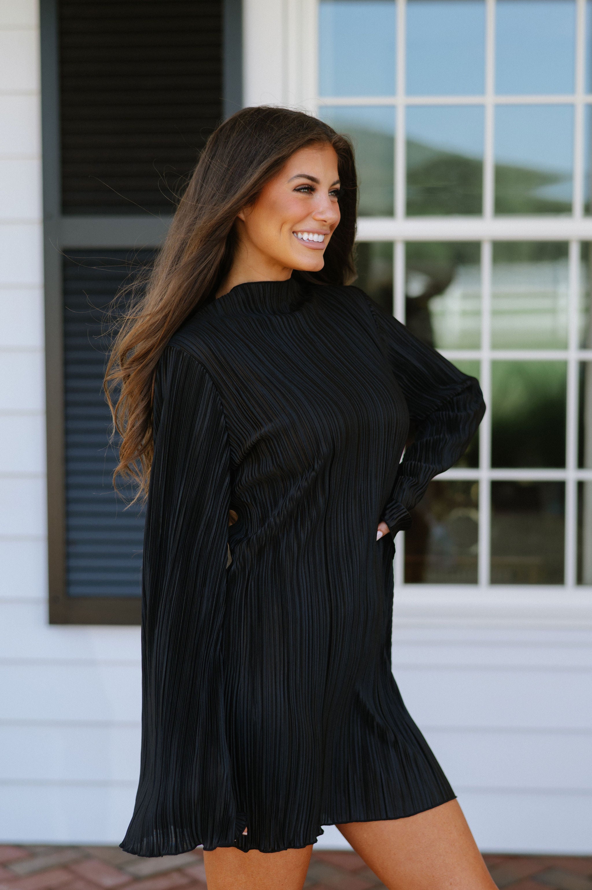 Mock Neck Pleated Mini Dress-Black