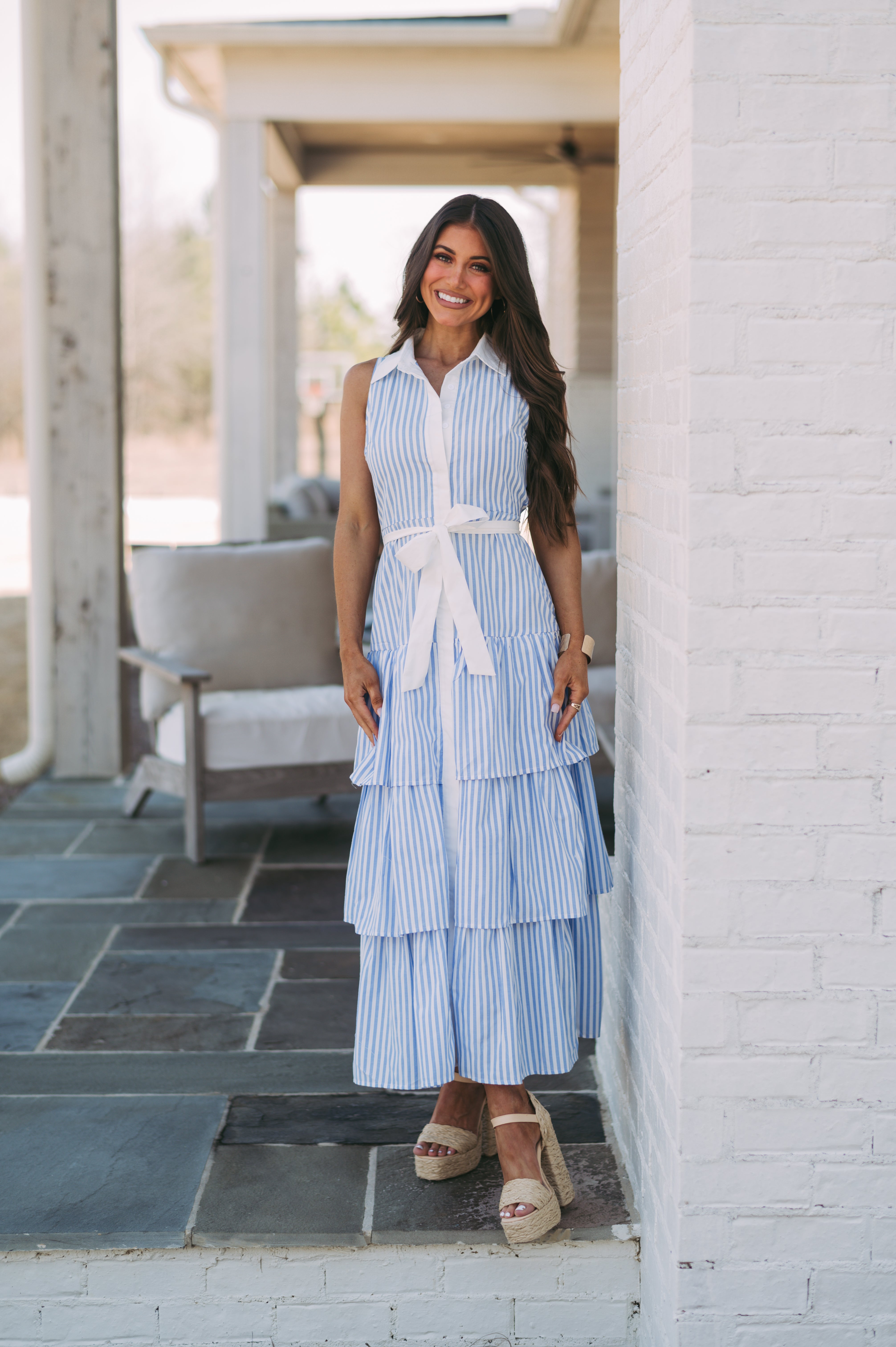 Collared Sleeveless Maxi Dress- Blue/White