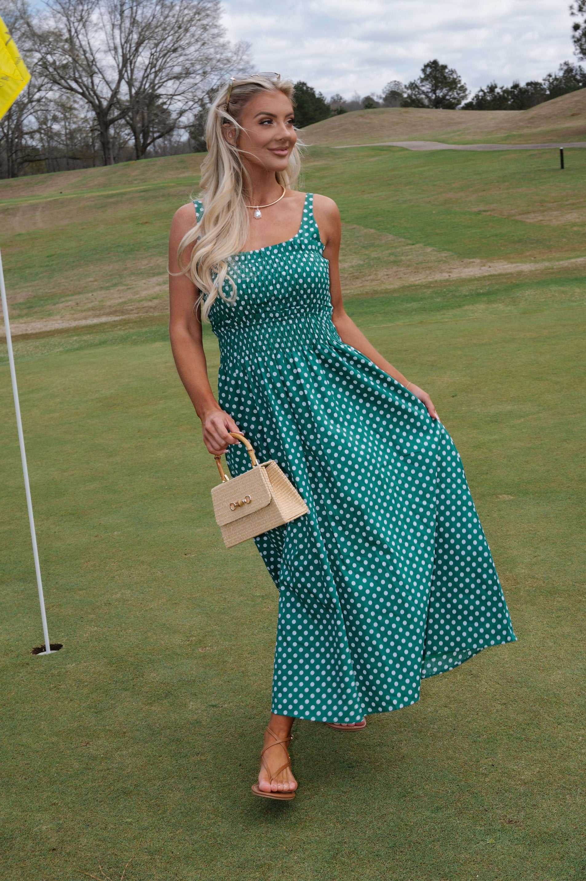 Carrie Polka Dot Midi Dress-Kelly Green