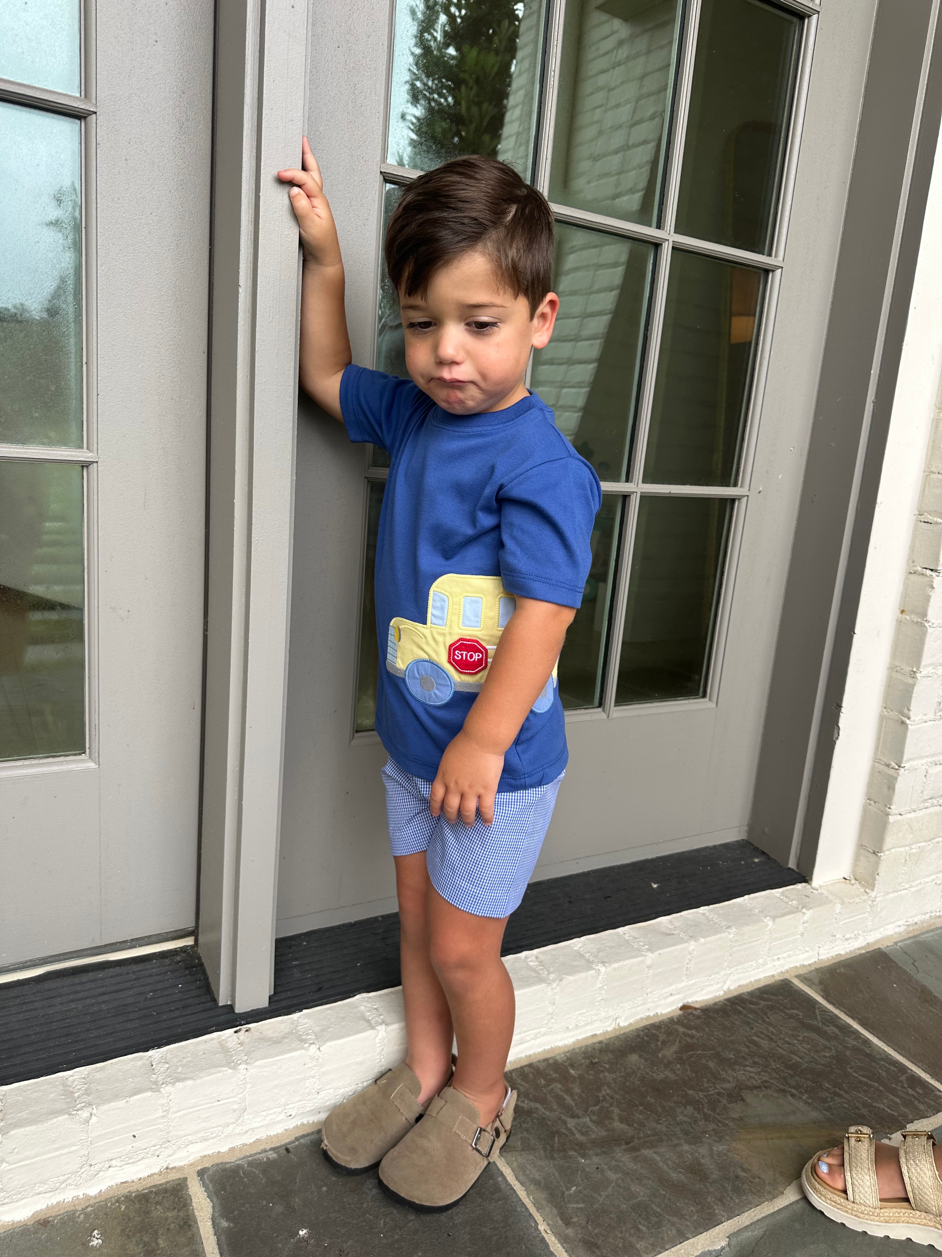 School Bus Shorts-Royal Blue Gingham