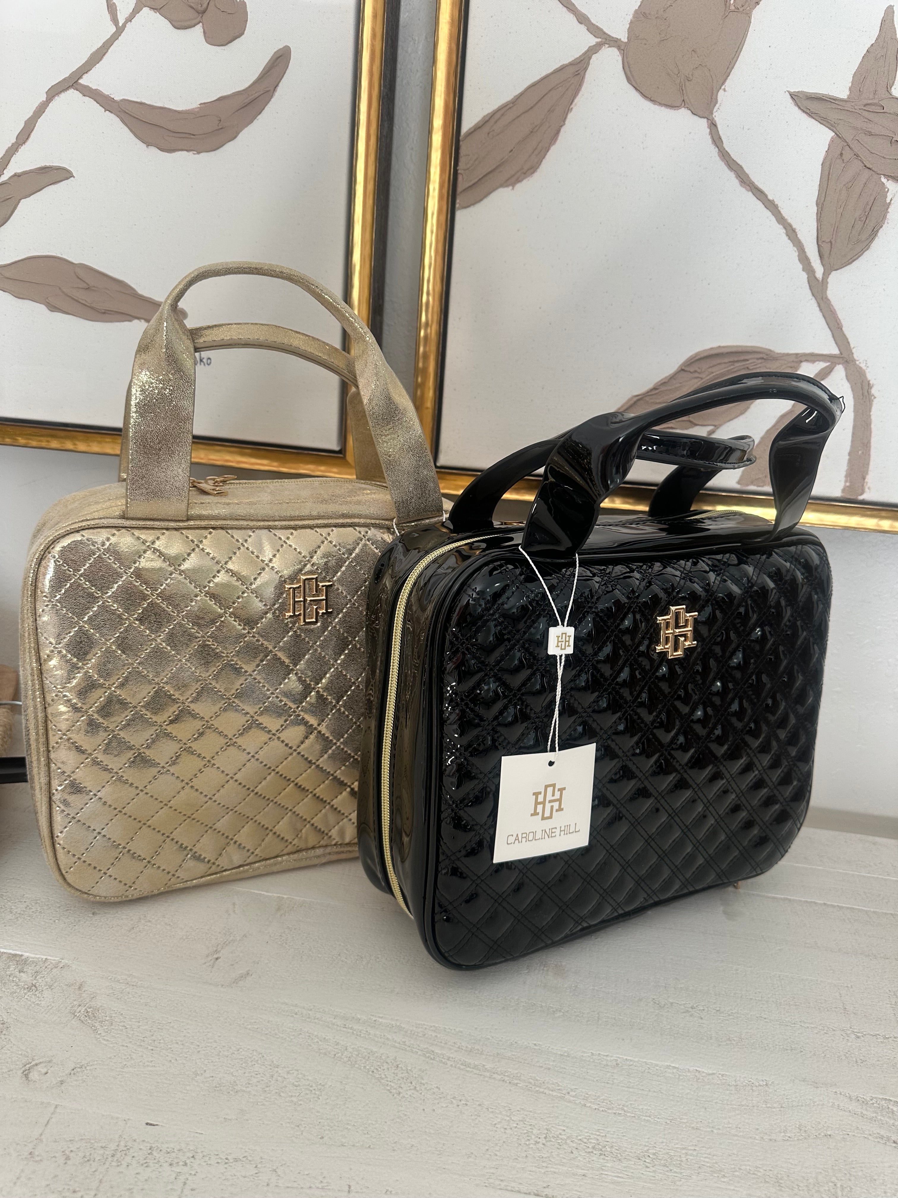 Patent Leather Quilted Makeup Bag- Black