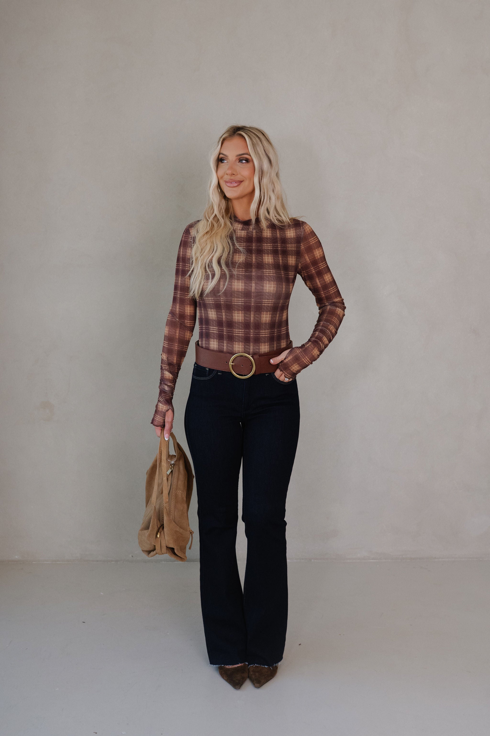 Plaid Print Bodysuit-Brown/Butter