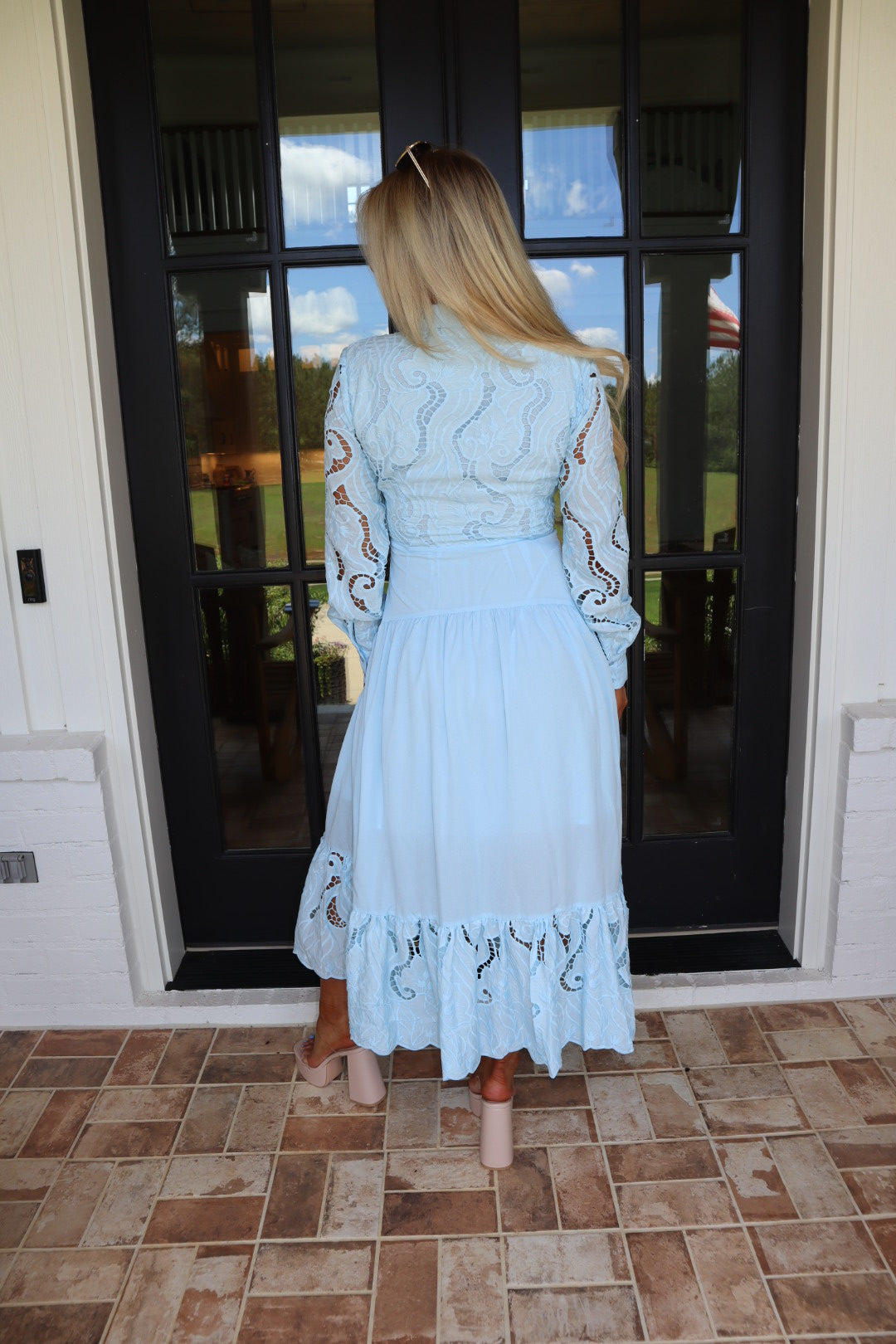 Woven Lace Tiered Ruffle Dress-Light Blue