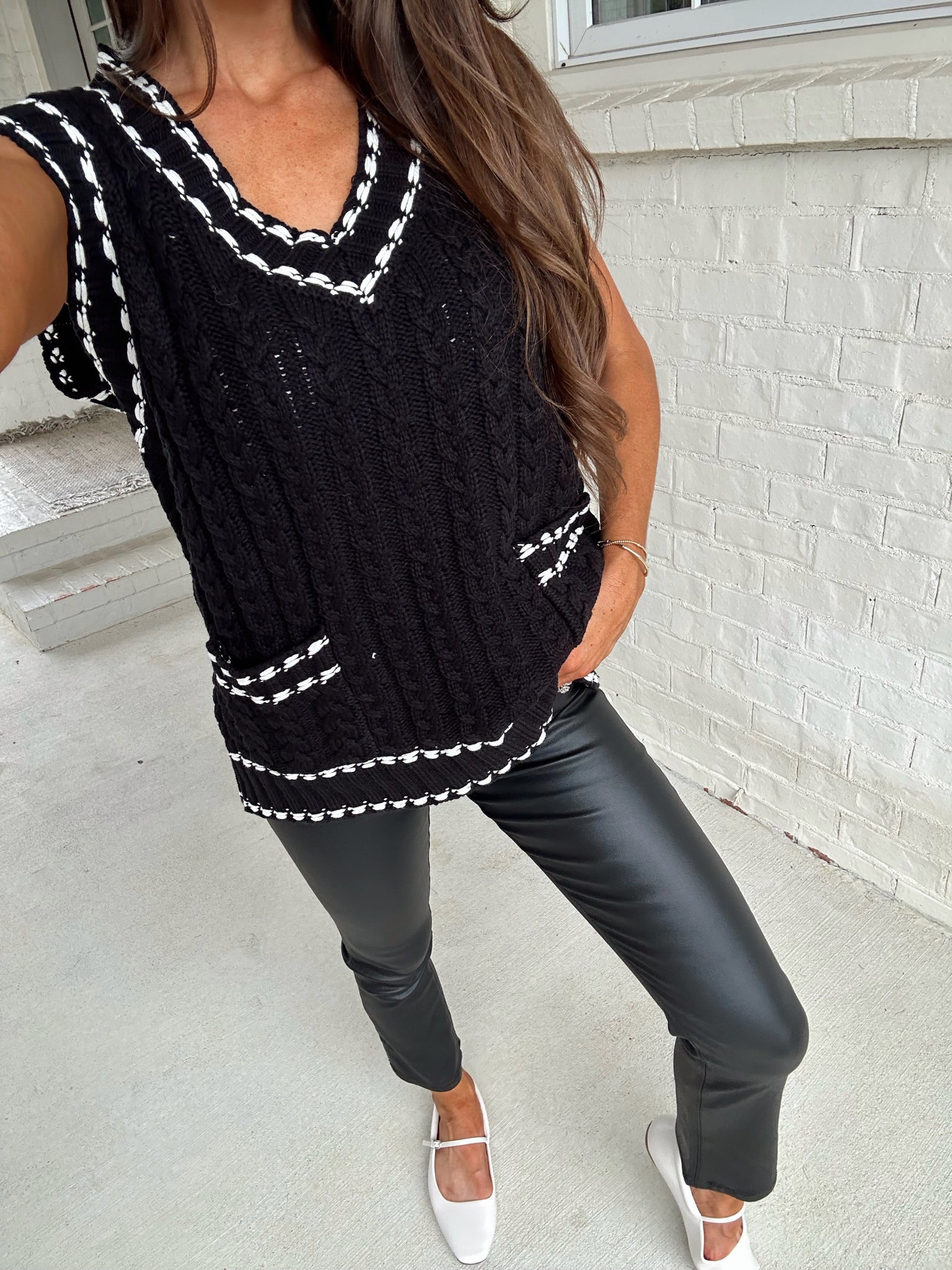 Cable Knit Sweater Vest - Black/White