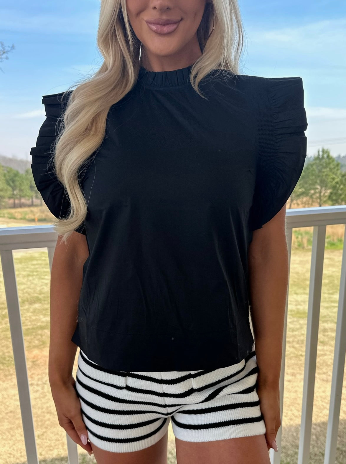 Ruffle Sleeve Poplin Top-Black