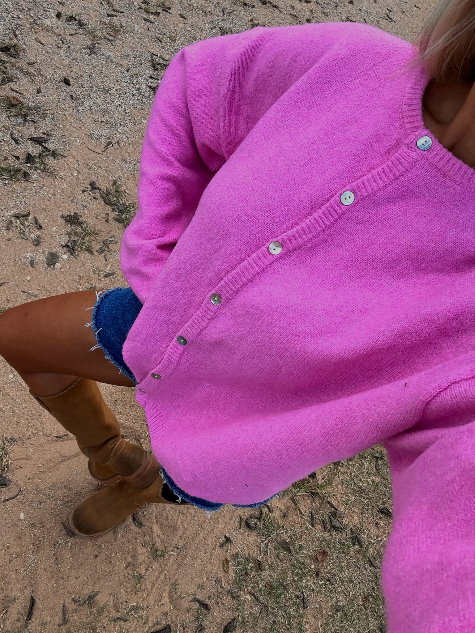 Long Sleeve Crew Neck Sweater Cardigan-Pink