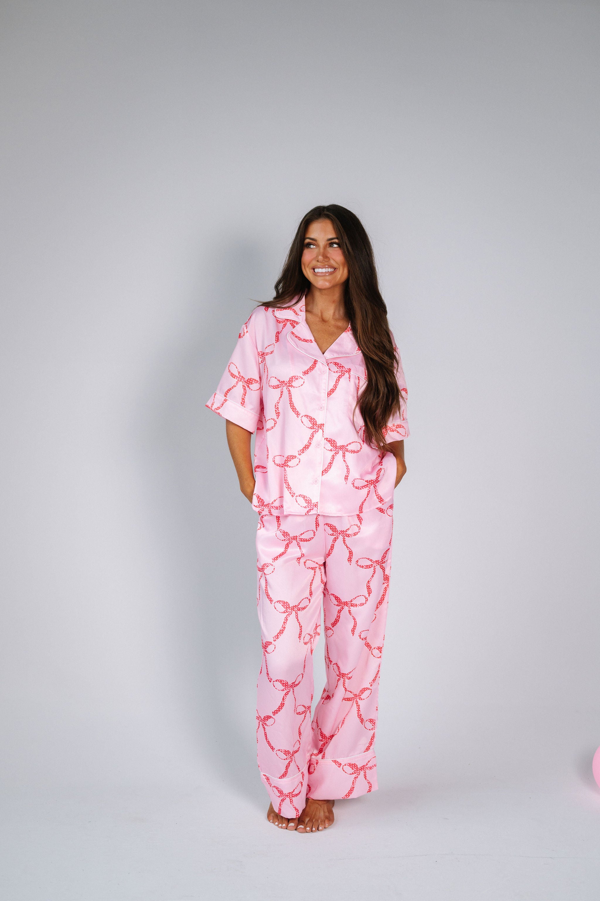 Sequin Ribbon Pajama Pant Set-Red/Pink