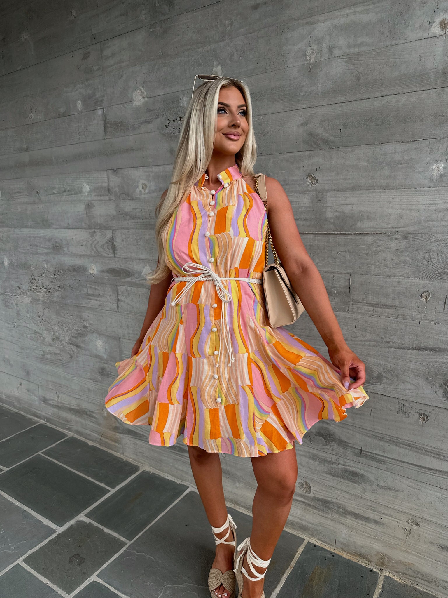 Belted Multi Print Halter Dress- Orange/Lavender