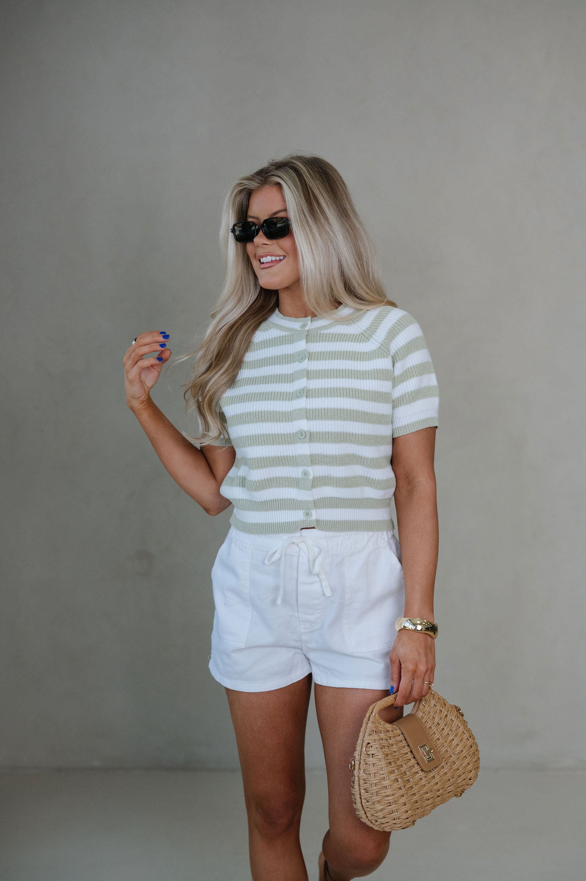 Cassie Striped Cardigan-Sage/White