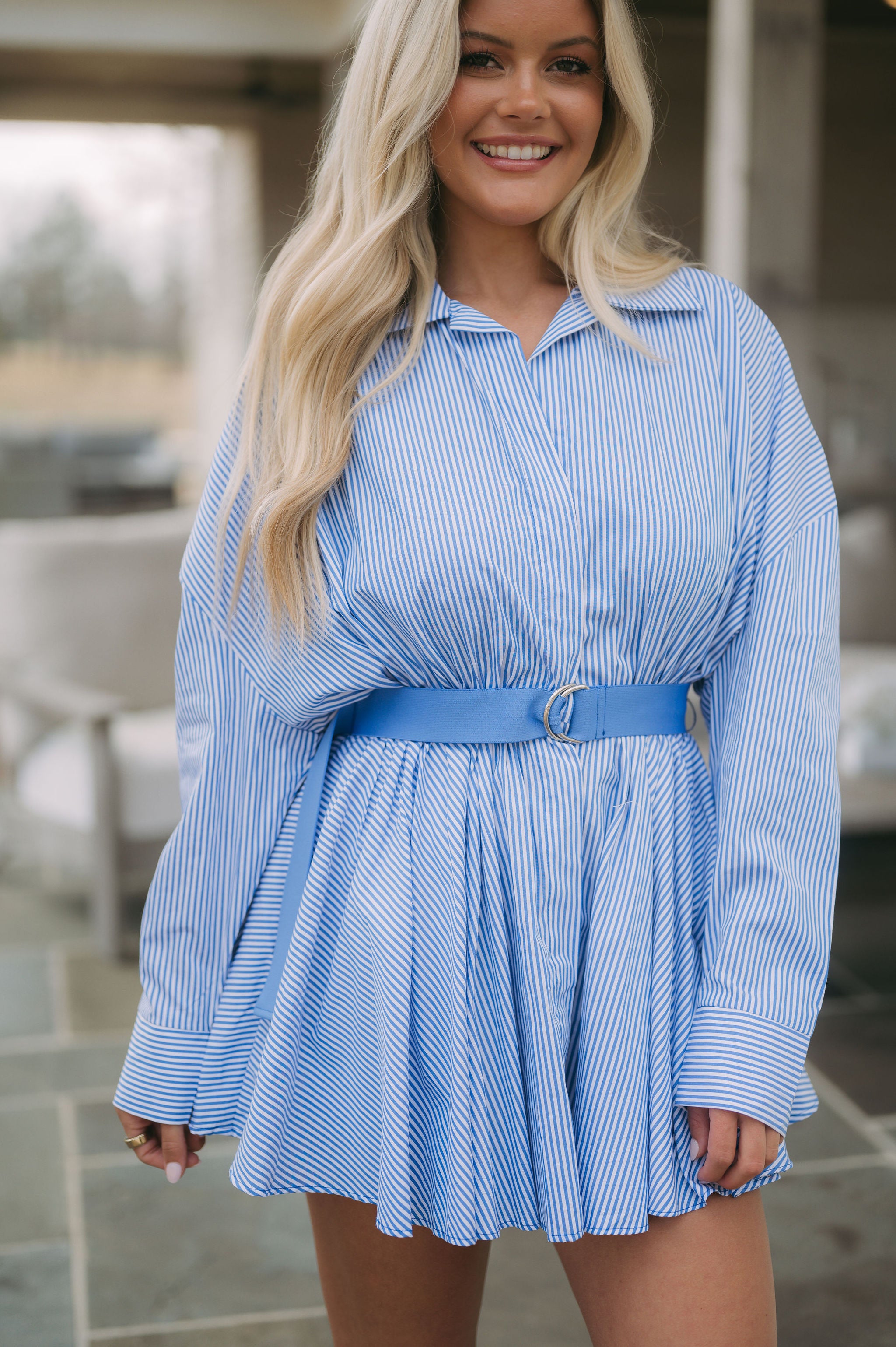 Wesley Belted Collar Dress- Blue/ White Stripe