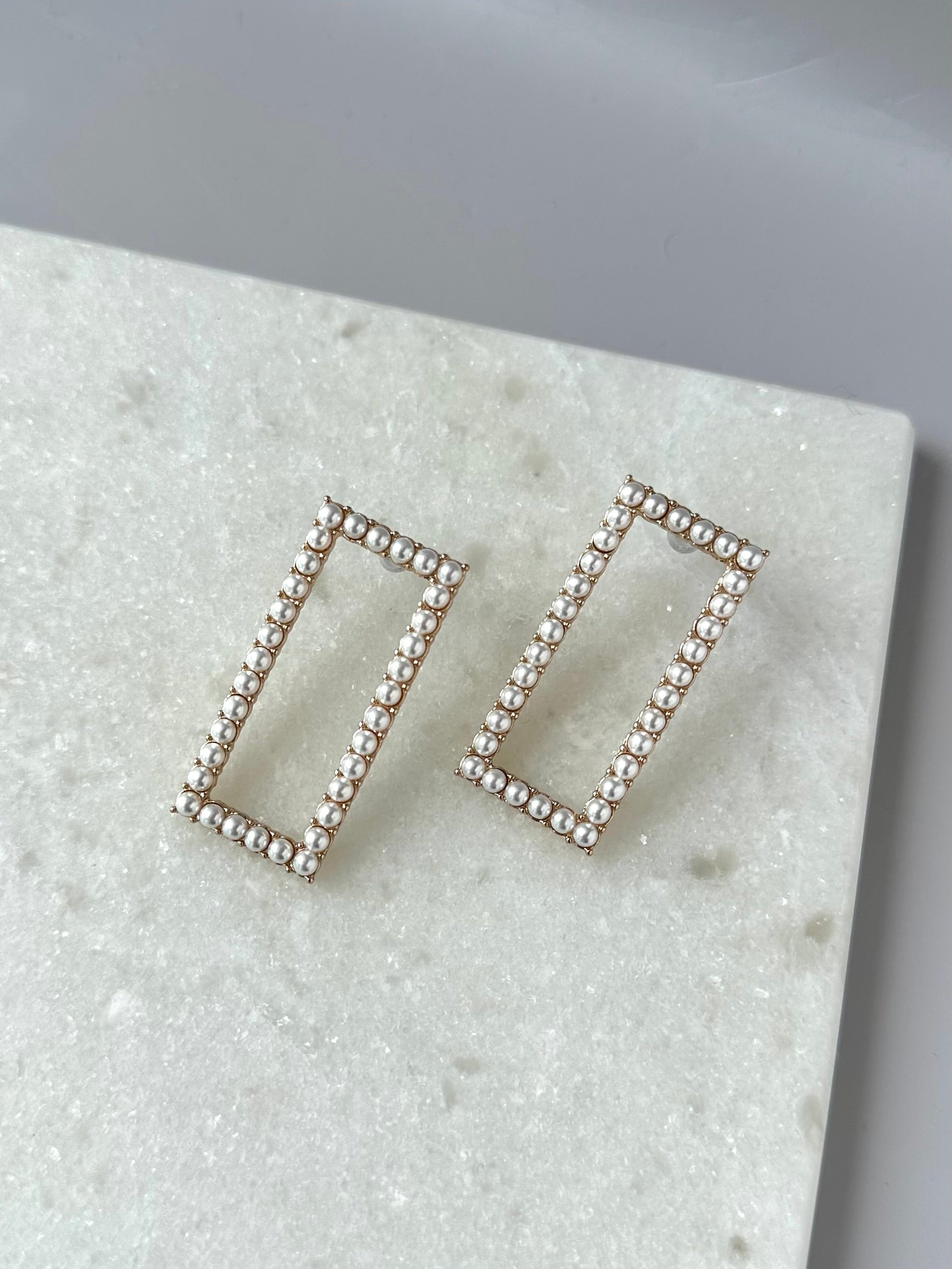 Rectangle Pearl Earrings-Gold