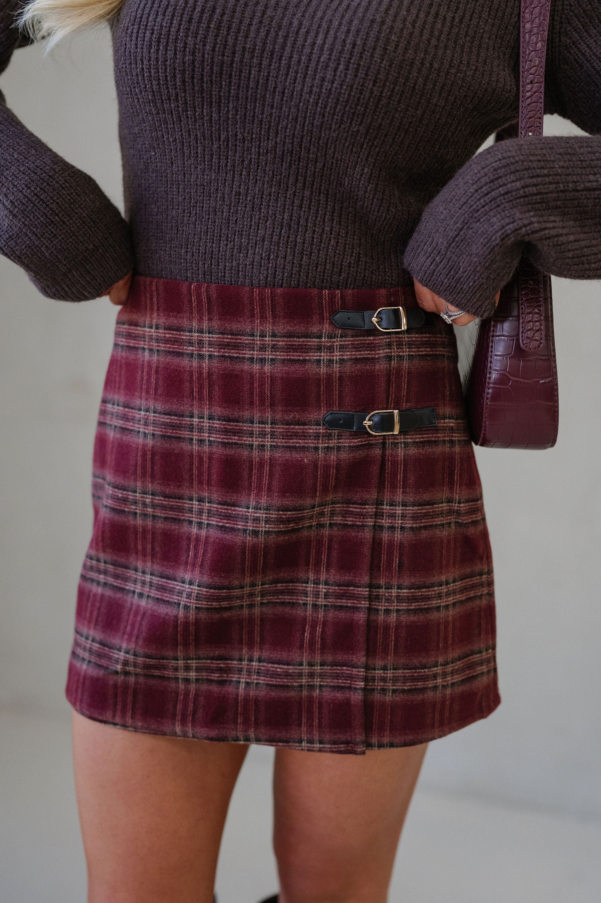 Elise Plaid Buckle Skirt-Burgundy Multi