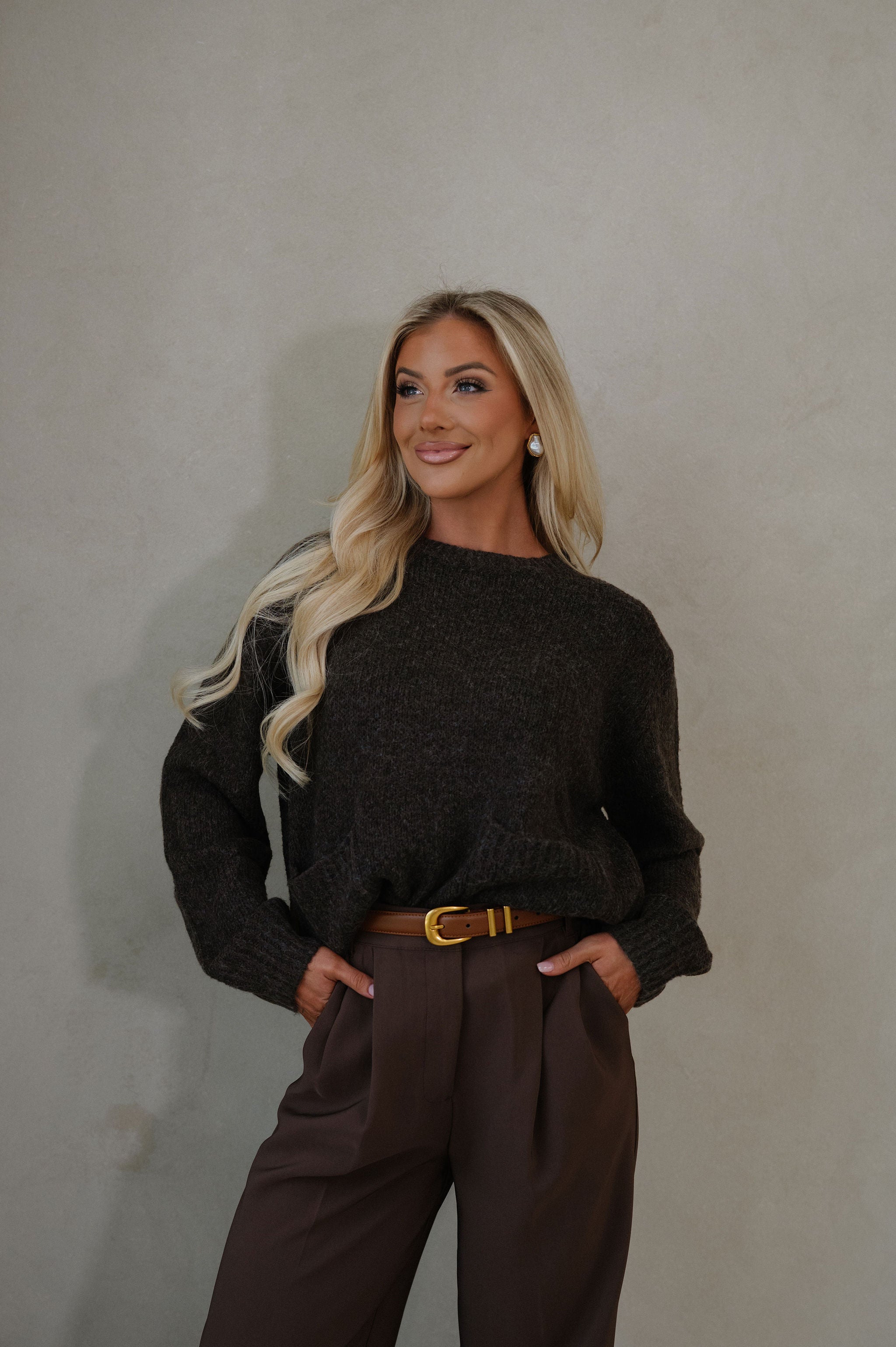 Front Patch Pocket Sweater-Dark Oak