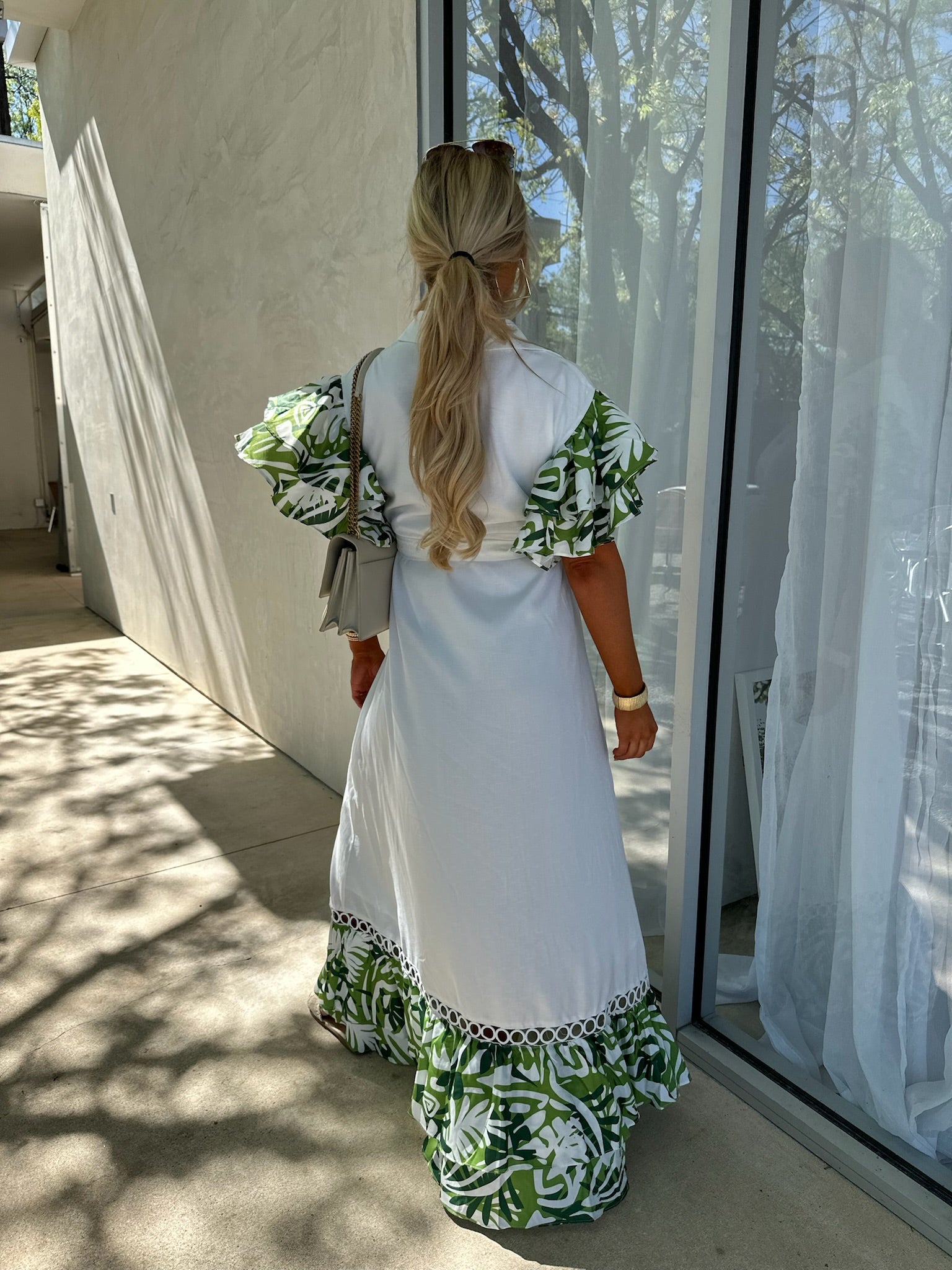 Quinn Button Down Maxi Dress-White/Green
