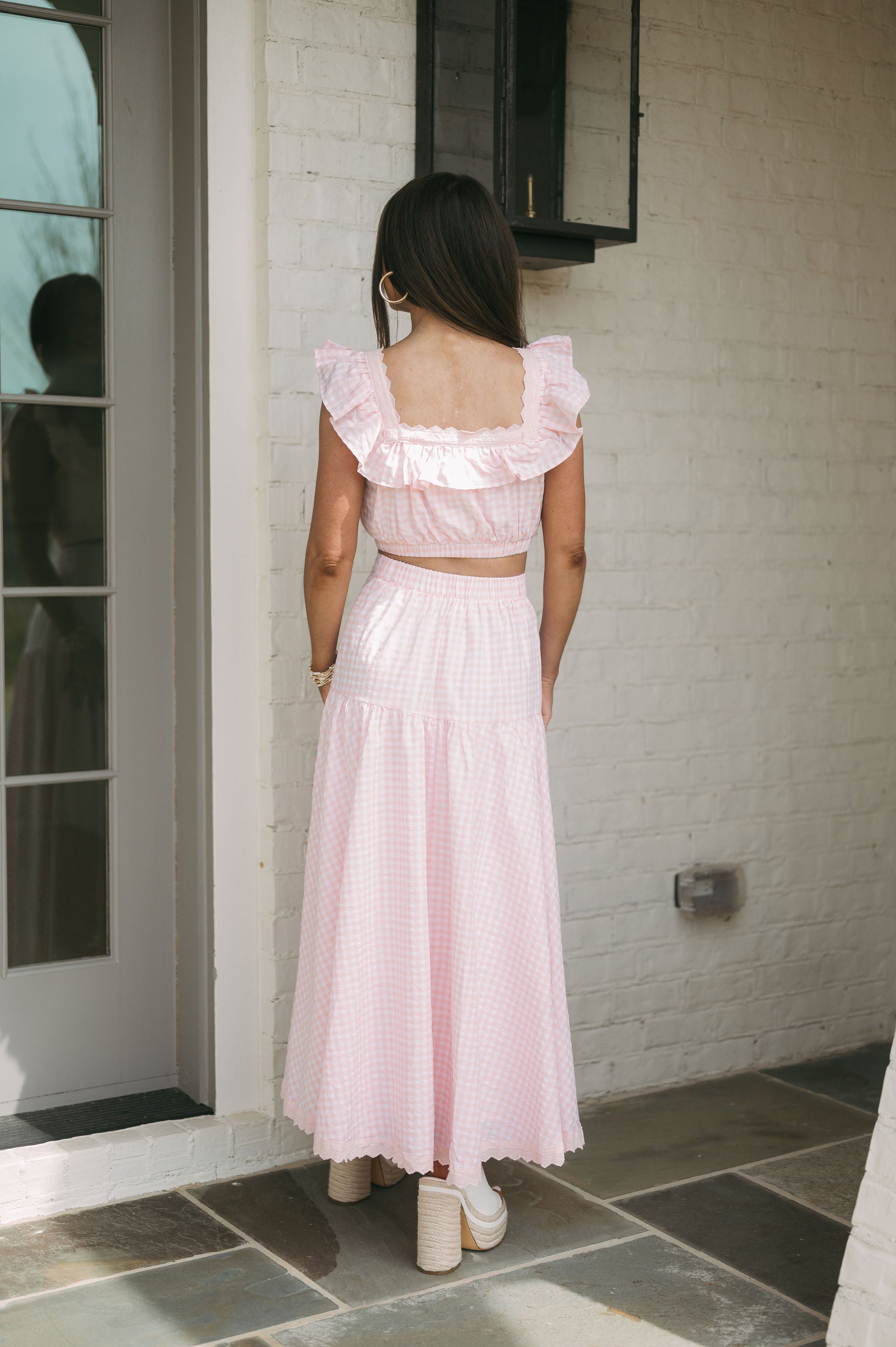 Gingham Print Midi Skirt Set- Pink